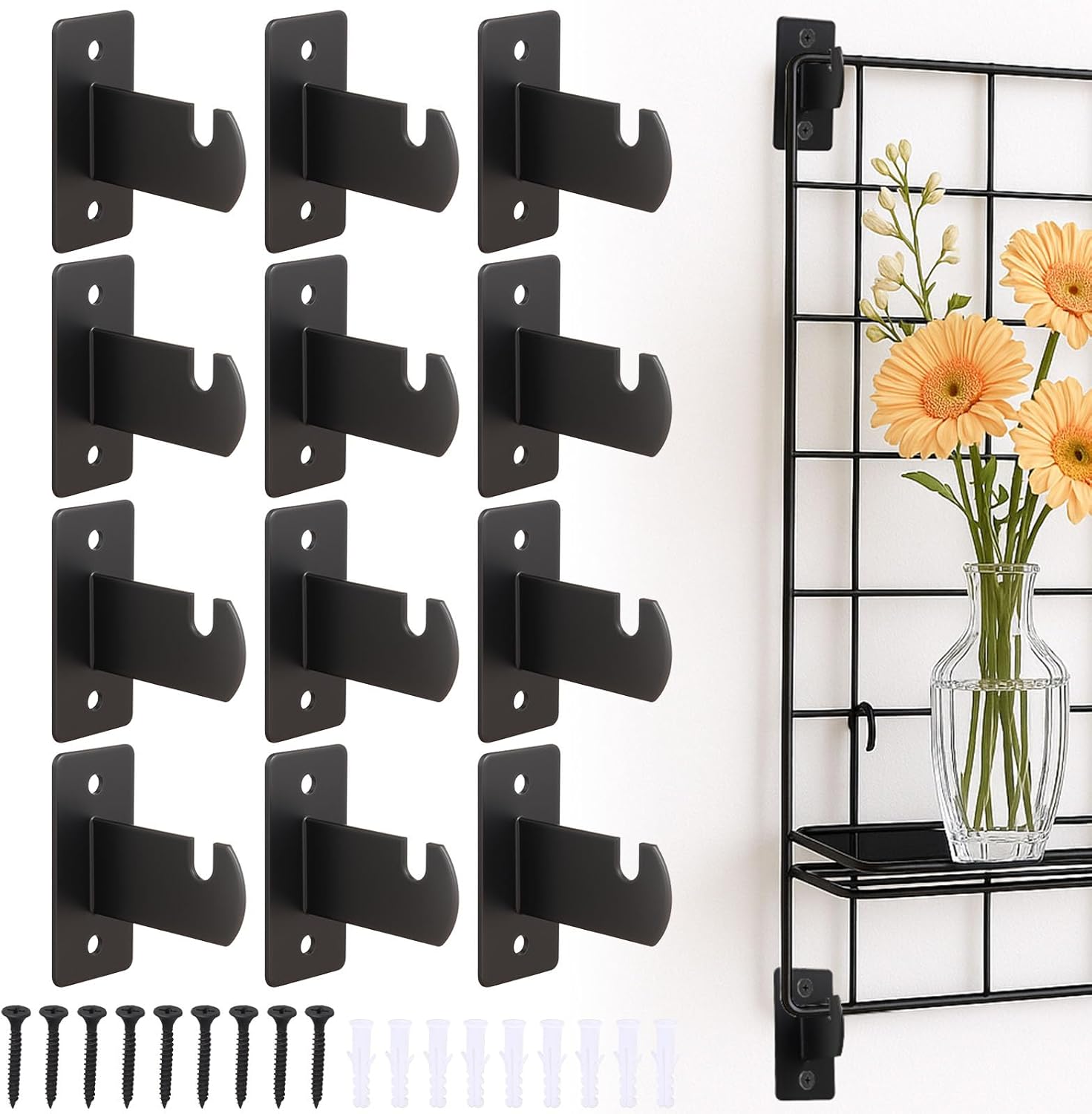 24 Pcs Gridwall Mount Brackets Black, Wire Wall Grid Panel Display Hooks with Screws, Gridwall Accessories for Clothing Stores, Retail Displays, Home, Wall Organization