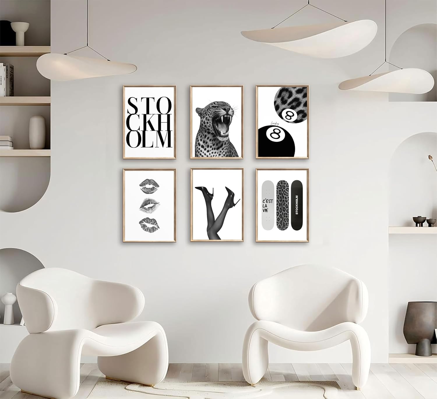 RBPXCEXC 6pcs Fashion Trendy Leopard Wall Art Stockholm Preppy Room Posters Black White Cheetah Wall Decor Lucky 8 Ball Lip Prints Painting Pictures For Girly Bedroom Apartment Dorm Decoration Canvas