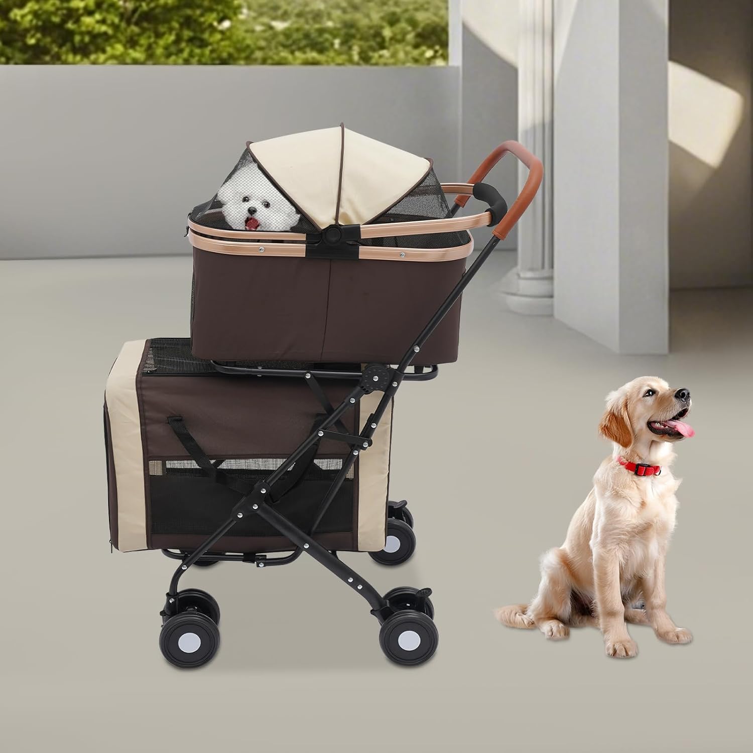 Foldable Stroller for 2 Dogs & Cats, Double Pet Stroller for Dogs and Cats with 2 Detachable Carriers, Easy Assembly Double Dog Strollers One Hand Foldale Kittens Puppies Travel Strolling Cart Coffee