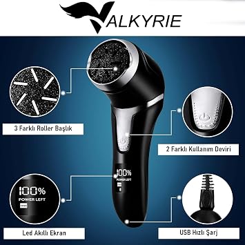 Valkyrie Profesyonel Ayak Bakım Cihazı 360° Dönen Başlık Dijital Ekranlı, Şarjlı & 10 Parça Pedikür Kiti Siyah