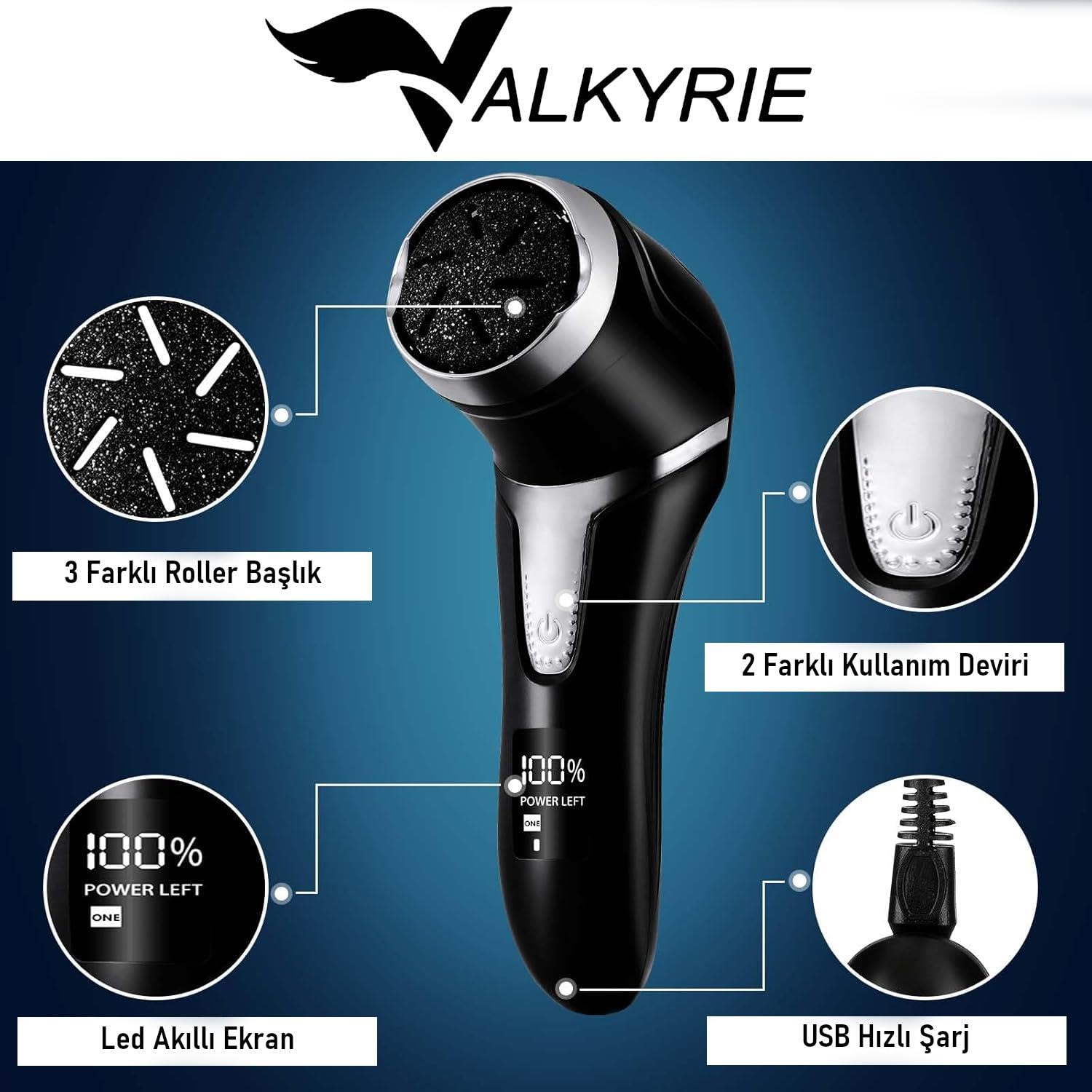 Valkyrie Profesyonel Ayak Bakım Cihazı 360° Dönen Başlık Dijital Ekranlı, Şarjlı & 10 Parça Pedikür Kiti Siyah