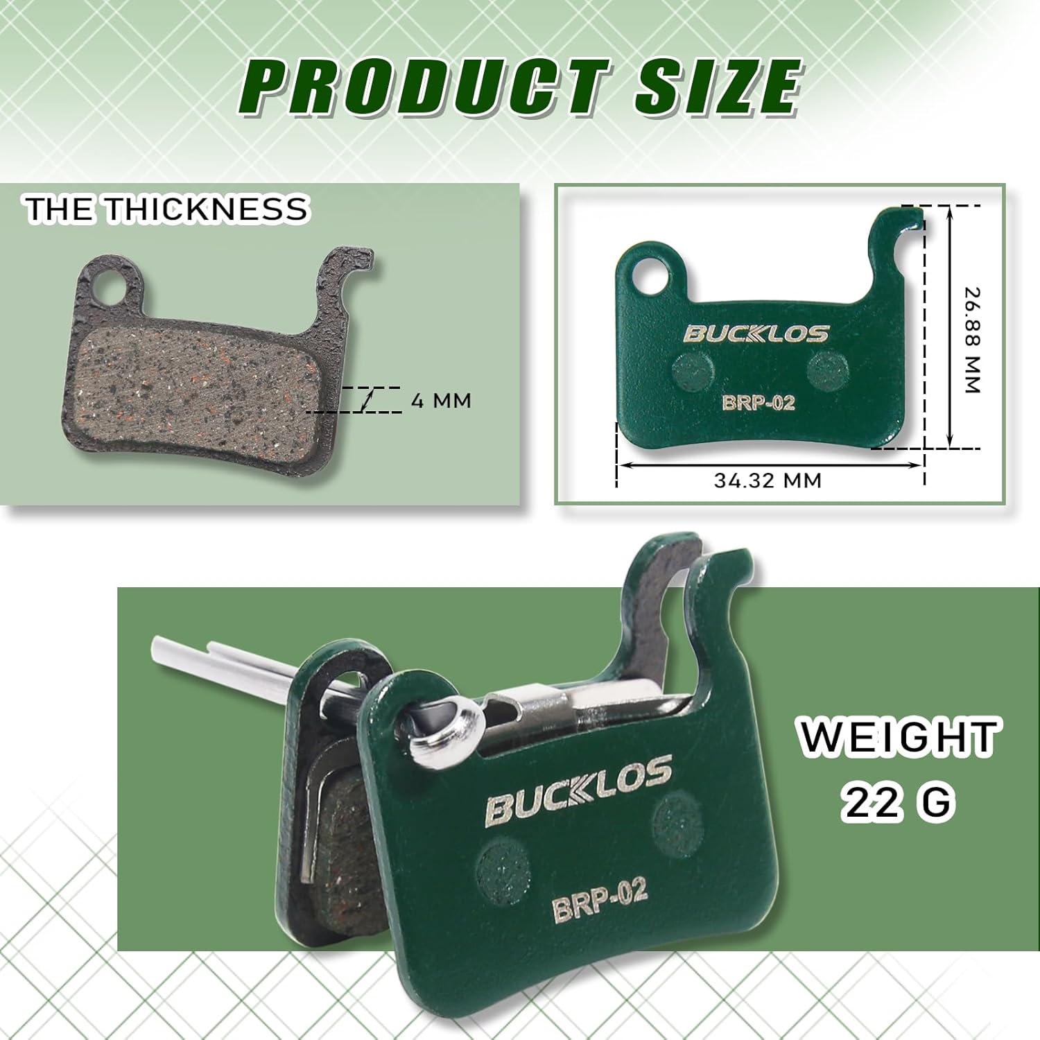 Diagram showing dimensions and weight of BUCKLOS Ceramic Bike Disc Brake Pads: thickness 4mm, width 34.32mm, height 26.88mm, weight 22g.