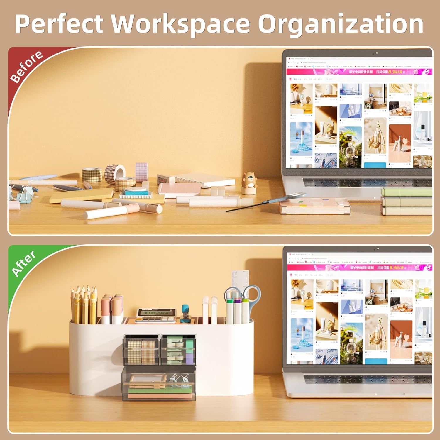 Marbrasse 6 Tier Paper Organizer Letter Tray+Desk Organizer Pen Holder for Desk with 3 Drawers