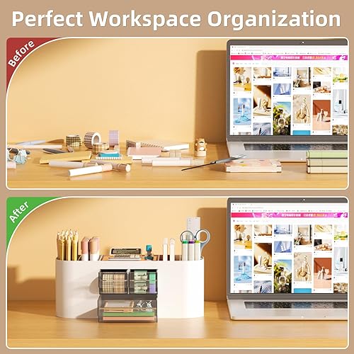 Miniatura 8 de Marbrasse Organizador de escritorio con 3 cajones, soporte multifuncional para lápices, organizadores de escritorio y accesorios con 7