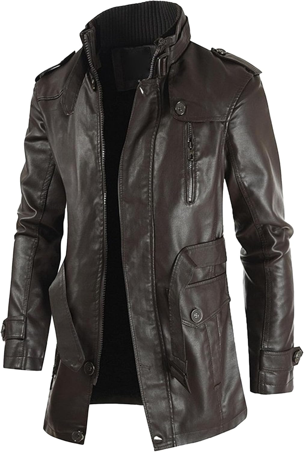 Men's Casual Mid Length Leather Jacket Winter Thick Motorcycle PU Jackets Zipper Pocket Racing Biker Leather Coat