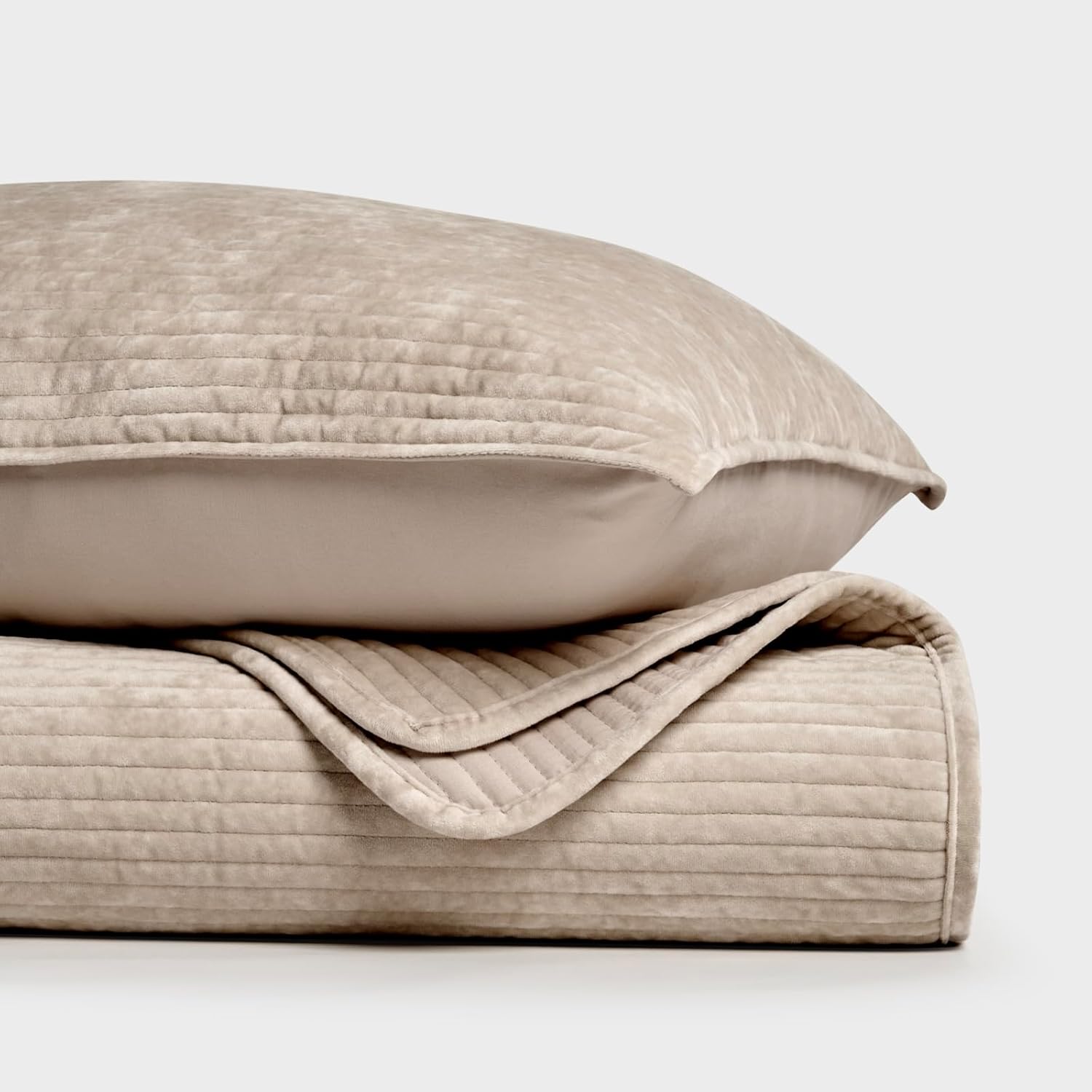 EVERGRACE Velvet Quilt Set Queen Size, Luxurious Soft Quilted Bedding Sets, Lightweight Velvet Comforter for All Season, Striped Channel Bedspread Coverlet with 2 Shams, Urban Taupe - Image 9
