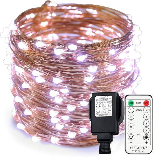 Erchen Plug in Fairy Lights, 66 FT 20M 200 LED Dimmable Copper Wire LED Starry String Lights with 4.5V DC Power Adapter Remote Control for Wedding Christmas Party Bedroom (White)