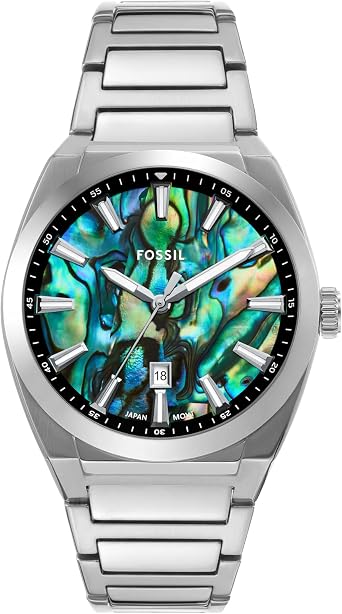 Fossil Mens EVERETT Three-Hand Date Stainless Steel Watch, FS6114