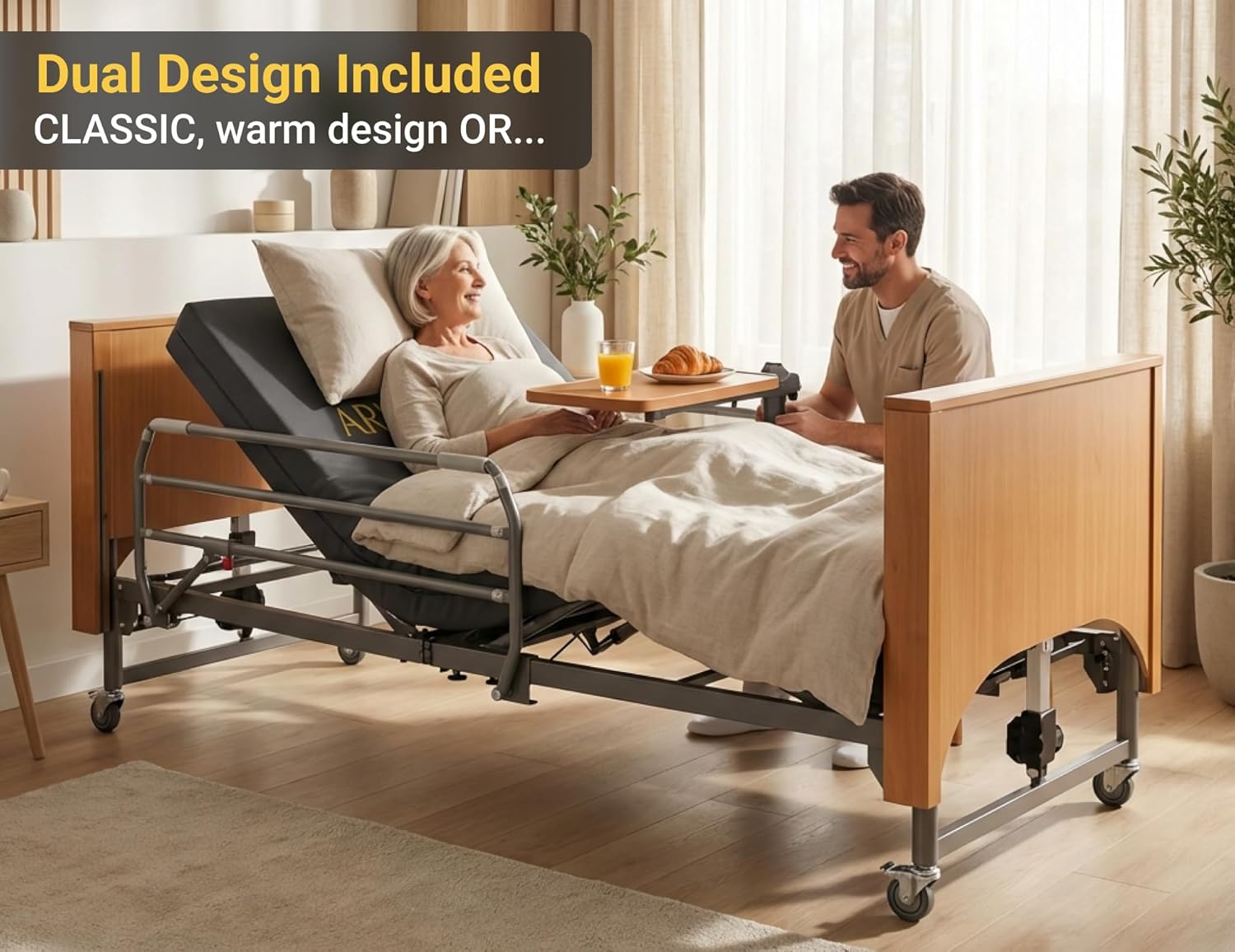Electric Hospital Bed with Medical Mattress for Home Use - German LIMOSS Motor, Ultra-Low 8.5" Height, 5 Functions, Solid Wood & Upholstered Design with Table & Foldable Rails