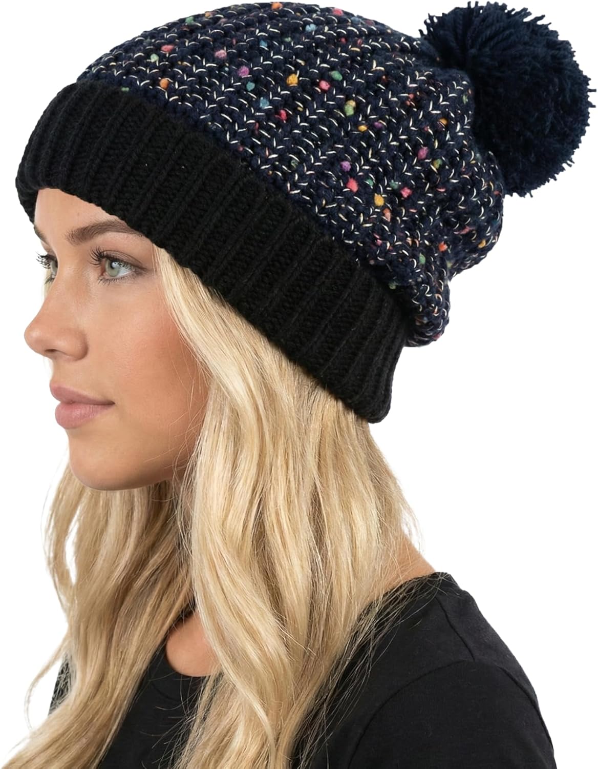 Funky Junque Women's Cozy Confetti Knit Pom Pom Chenille Winter Slouchy Beanie Hat