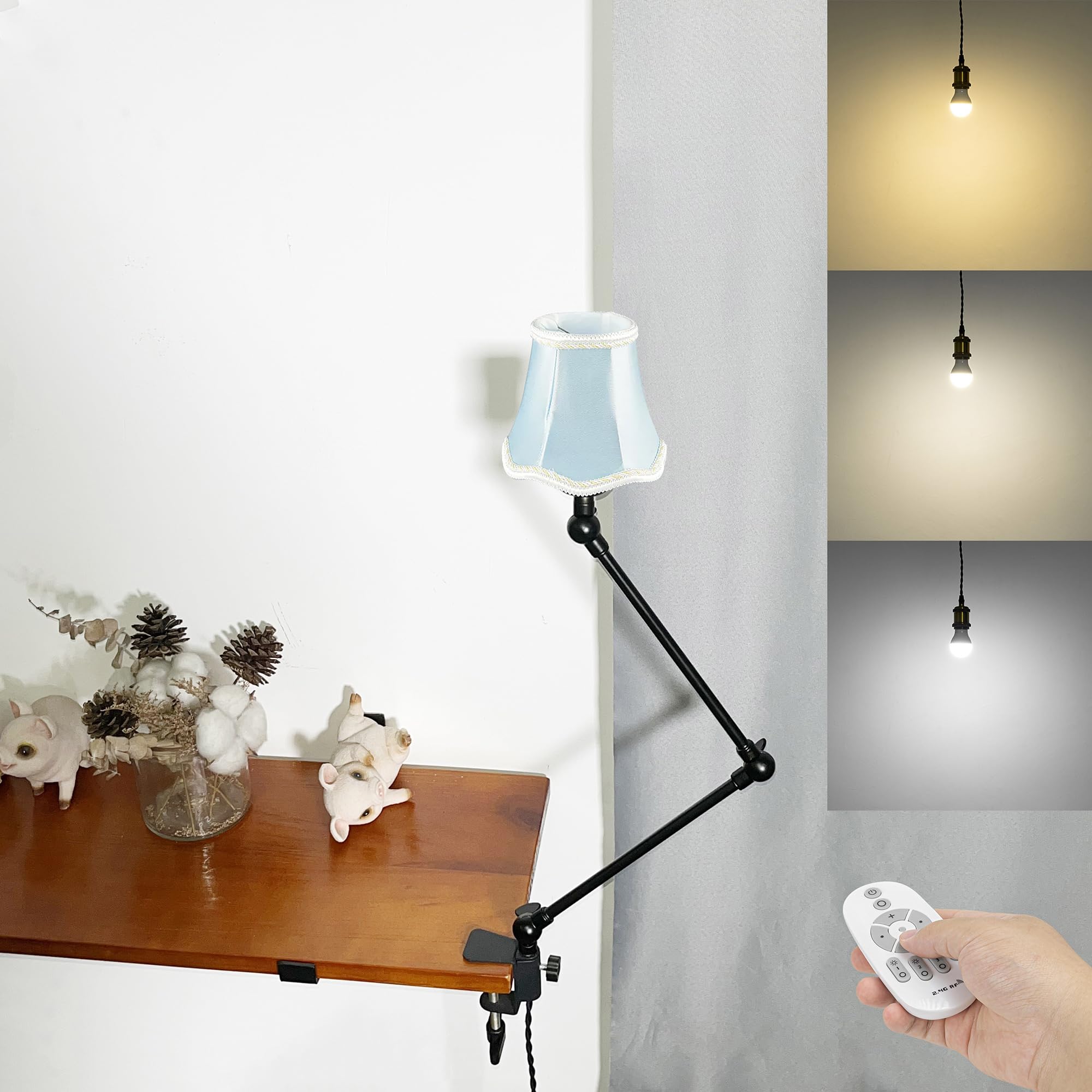Klemmleuchte mit Fernsteuerung,1 Packung Leselampe mit 2,5 m Kabel, Dimmbar Nachttischlampe,Augenpflege Schreibtischlampe für Büro Heimgebrauch, E27 Lampenhalterung - DZ0332/16