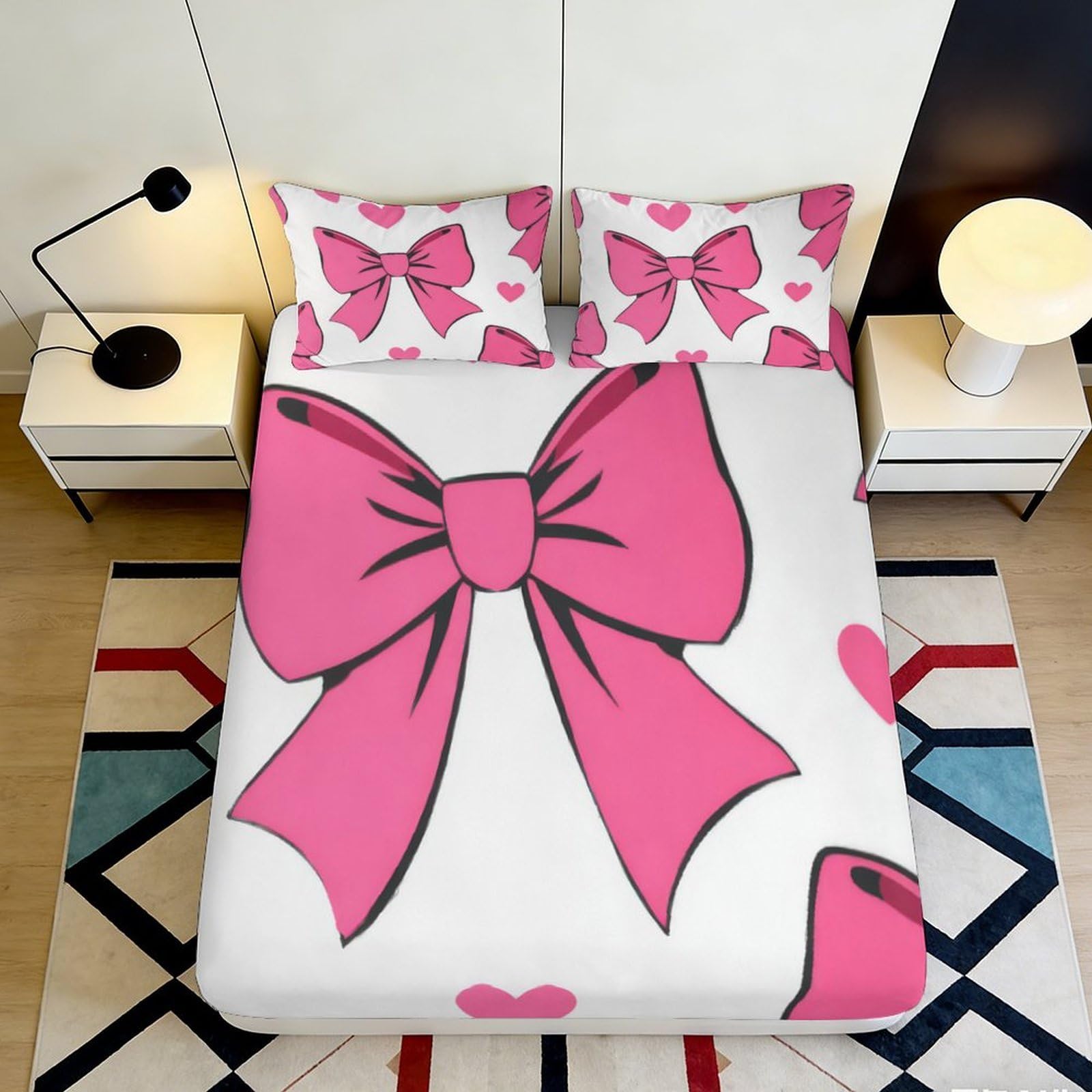 Pnayamiorkfel Style-3 3D Printed Pink Bow Fitted Sheet Microfiber Decorative Hearts Mattress Cover For Bedroom Dorm Easy Clean 90X200x25cm