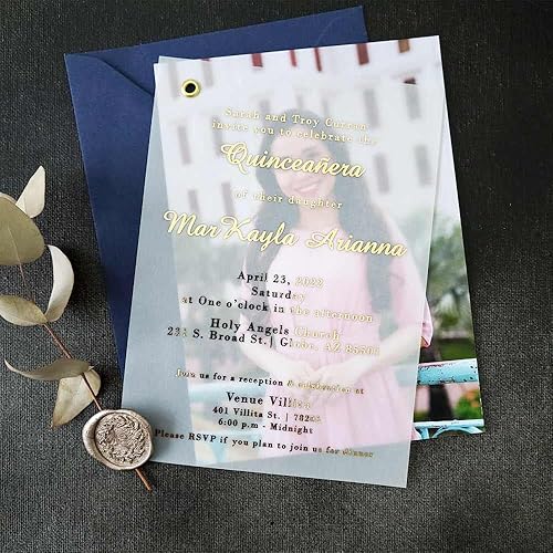 Juego de 10 invitaciones de quinceañera con foto, invitaciones de quinceañera de Vellum con imagen, invitaciones de oro personalizables,