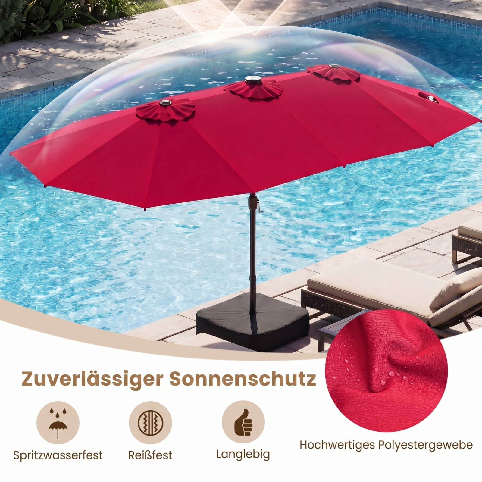COSTWAY Podwójny parasol przeciwsłoneczny ze stojakiem i oświetleniem solarnym LED, 450 x 260 cm, Podstawa parasola nie jest dołączona, parasol ogrodowy z korbą, parasol tarasowy, do ogrodu (czerwony)