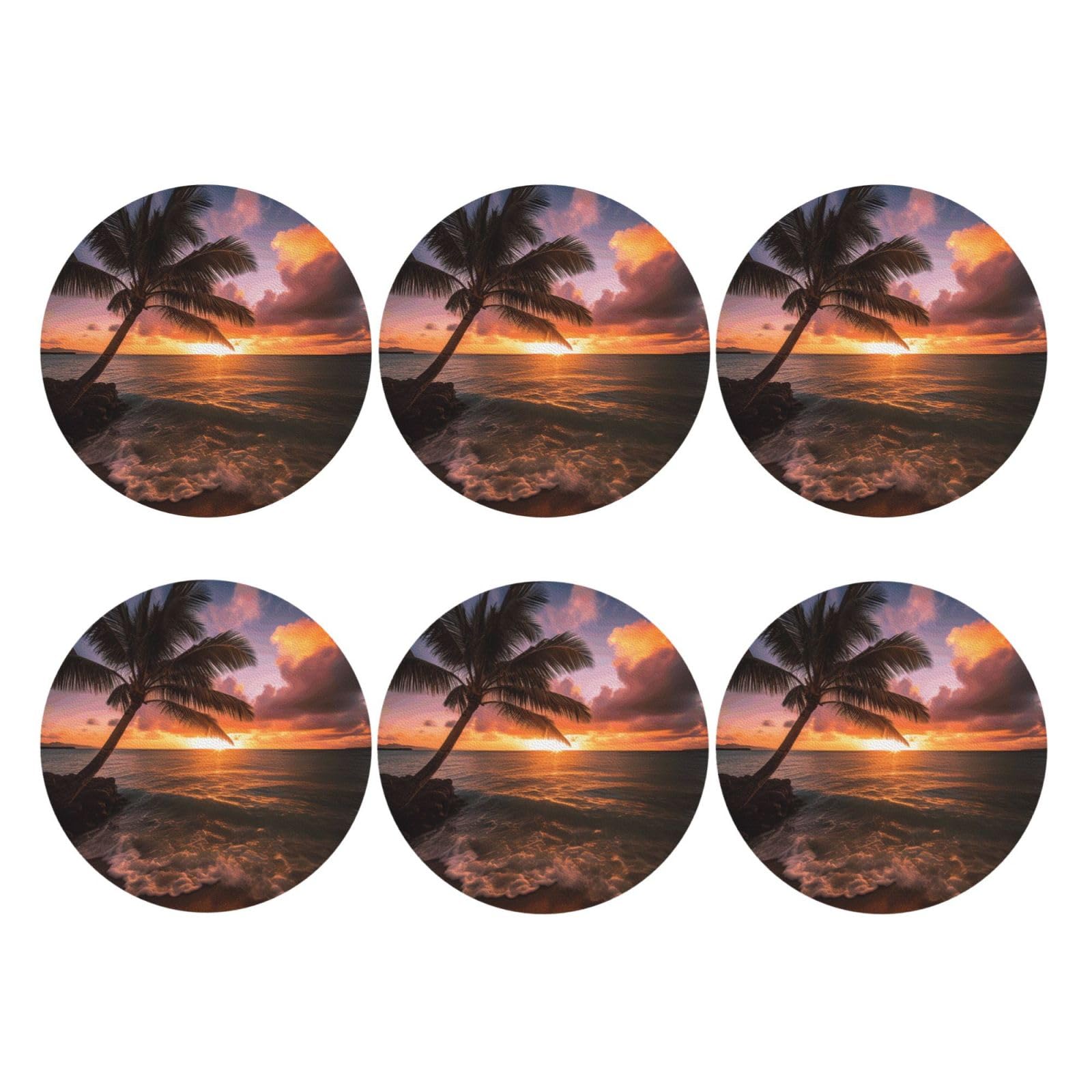 6pcs Leather Coasters for Drinks, Palm Tree Sunset Beach Drink Coasters for Tabletop Protection, 4" Cup Coasters for Coffee Table Decor, Non-Slip Drinking Cup Mat for Hot Or Cold Drink