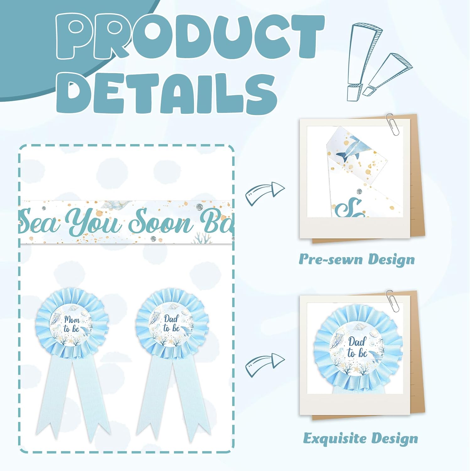 Sea You Soon Baby Shower Decorations, Blue Ocean Theme See You Soon Sash Ocean Animals Mom and Dad to Be Corsage Pin Kit for Under The Sea Baby Shower Pregnancy Announcement Supplies