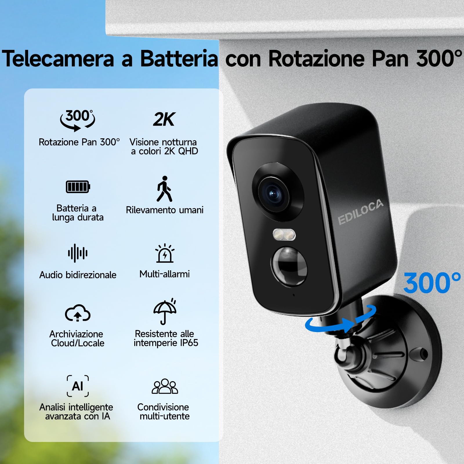 Telecamera WiFi Interno/Esterno, Videocamera Sorveglianza 2K 3MP Senza Fili Batteria Ricaricabile, Rotazione 300°, Rilevamento Umano PIR, Visione Notturna a Colori, Impermeabile IP65-Black