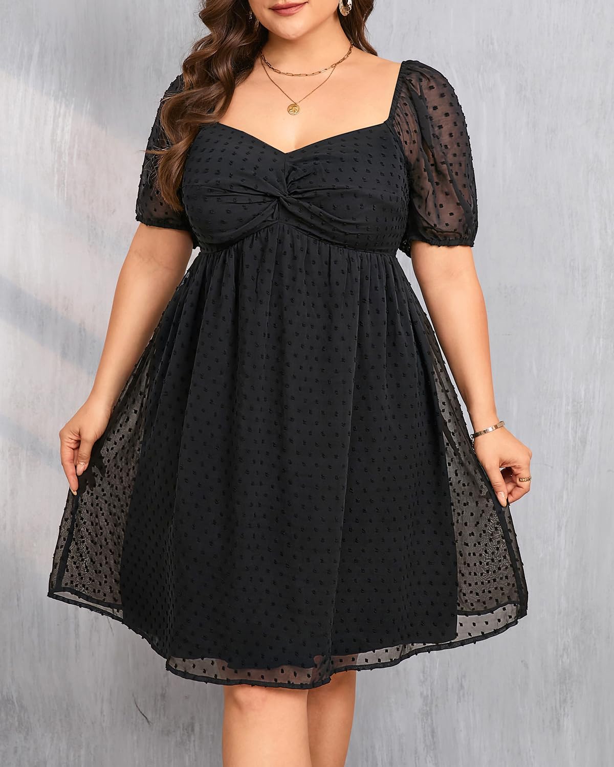 Plus Size Graduation Dress - Summer Swiss Dot Sweetheart Neckline Short Sundress Puff Sleeve Cute Flowy Chiffon Dresses - Image 3