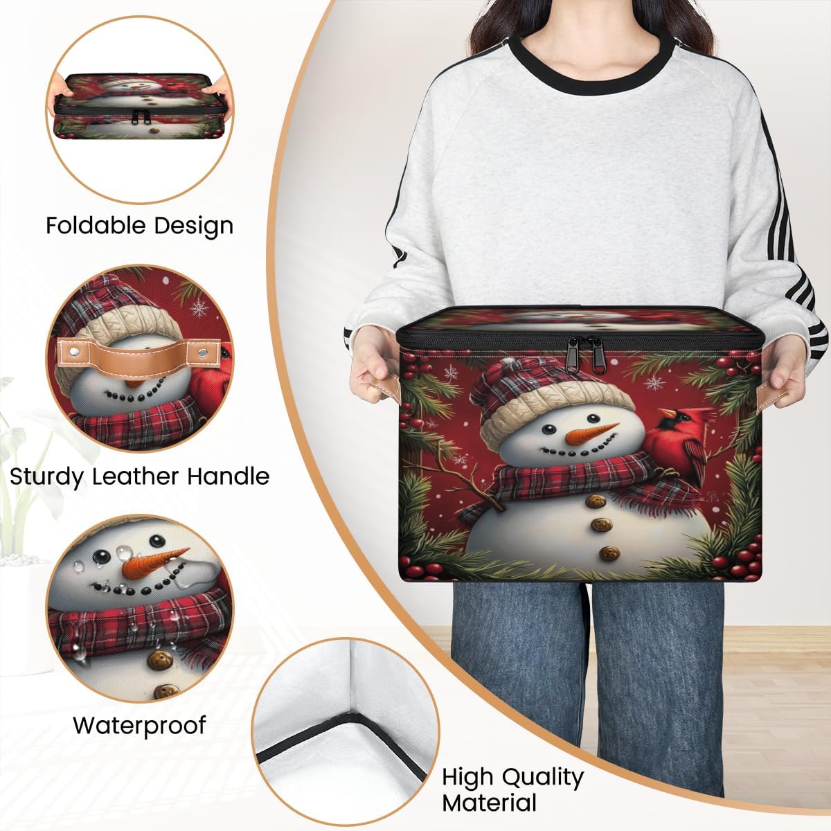 Storage Bin Set of 2 Cute Snowman Cardinal Bird Storage Basket with Zipper Lid & Handle Foldable Closet Shelf 2 Pack Cloth Organizer Basket Cube Bins for Bedroom, Nursery