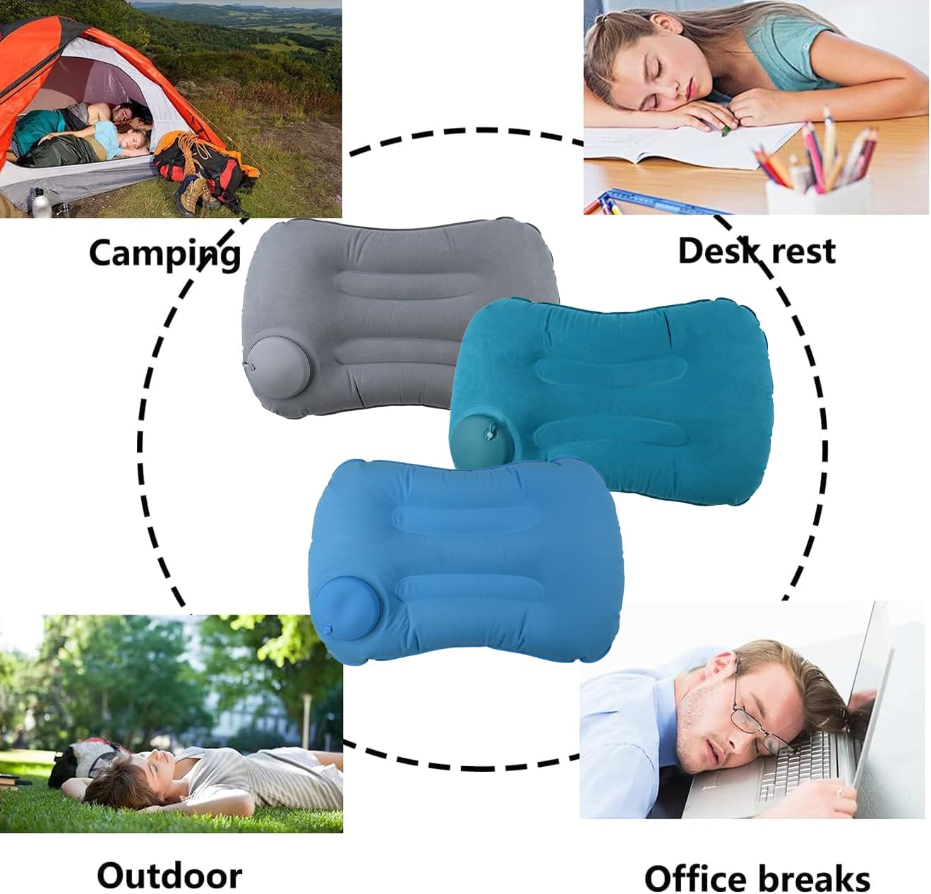 3 Pack Inflatable Camping Pillow - Ultralight Travel Air Pillows for Neck Lumbar Support, Press-to-Inflate Design, Blow Up Pillow for Camping, Hiking, Backpacking (Grey, Malachite Green, Light Blue)