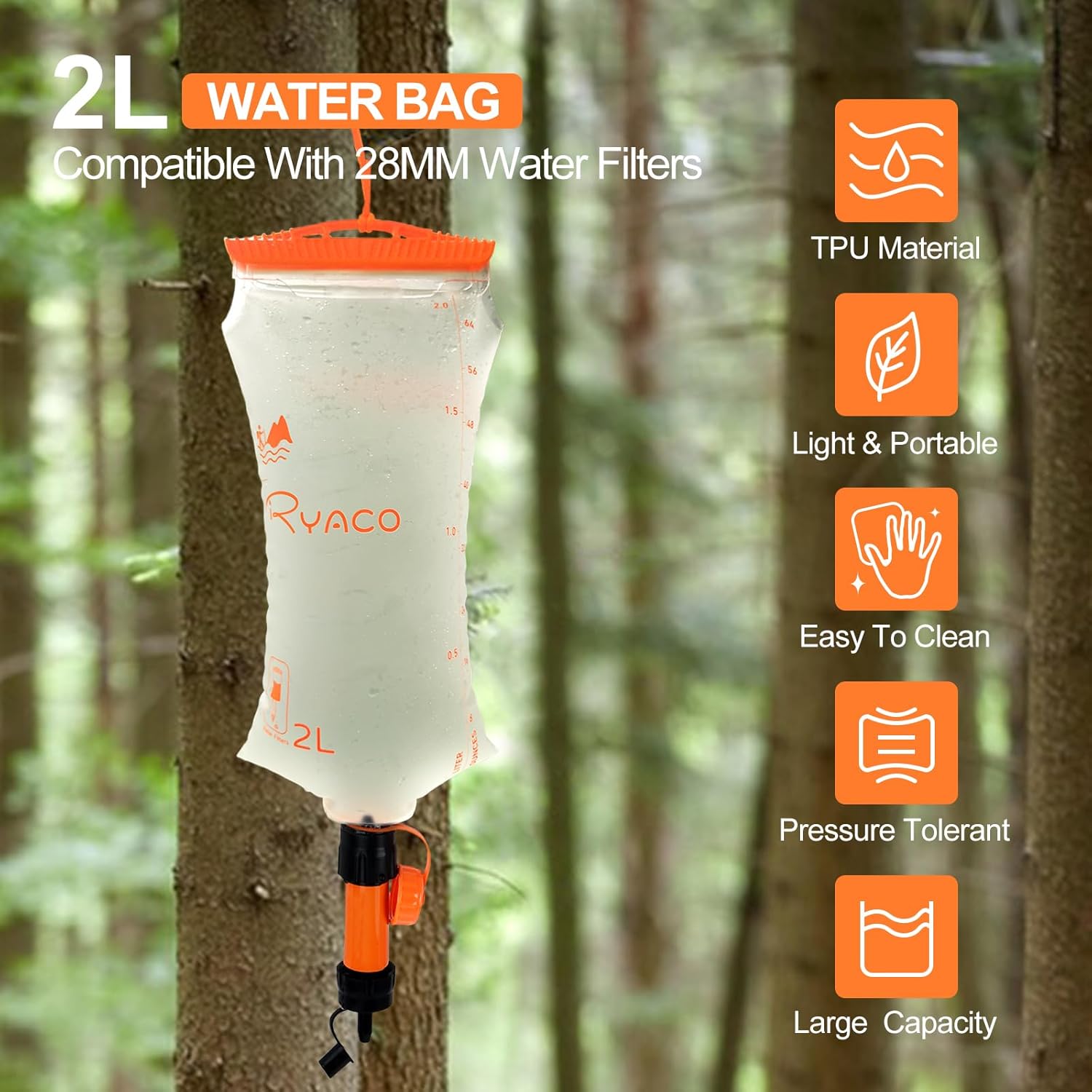 Ryaco Water Bag 2L Compatible with Sawyer Squeeze Water Filter, Outdoor Water Container, Water Filter Bag with Durable TPU Material Collapsible Hydration Canteens for Camping Hiking Cycling Fishing - Image 4