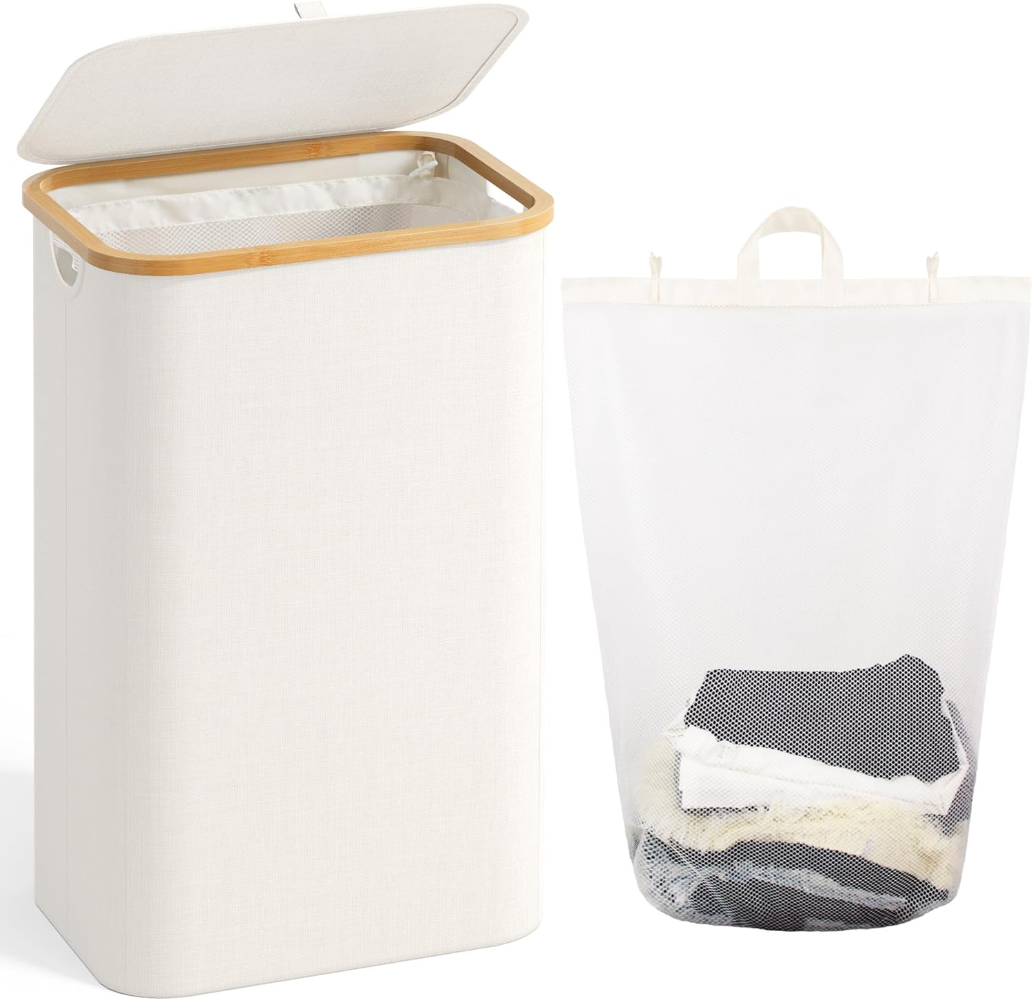 100L Laundry Hamper with Lid, Large Laundry Basket with Bamboo Handles, Clothes Hampers for Laundry with Removable Bag, Dirty Clothes Hampers for Bedroom Aesthetic, Grey