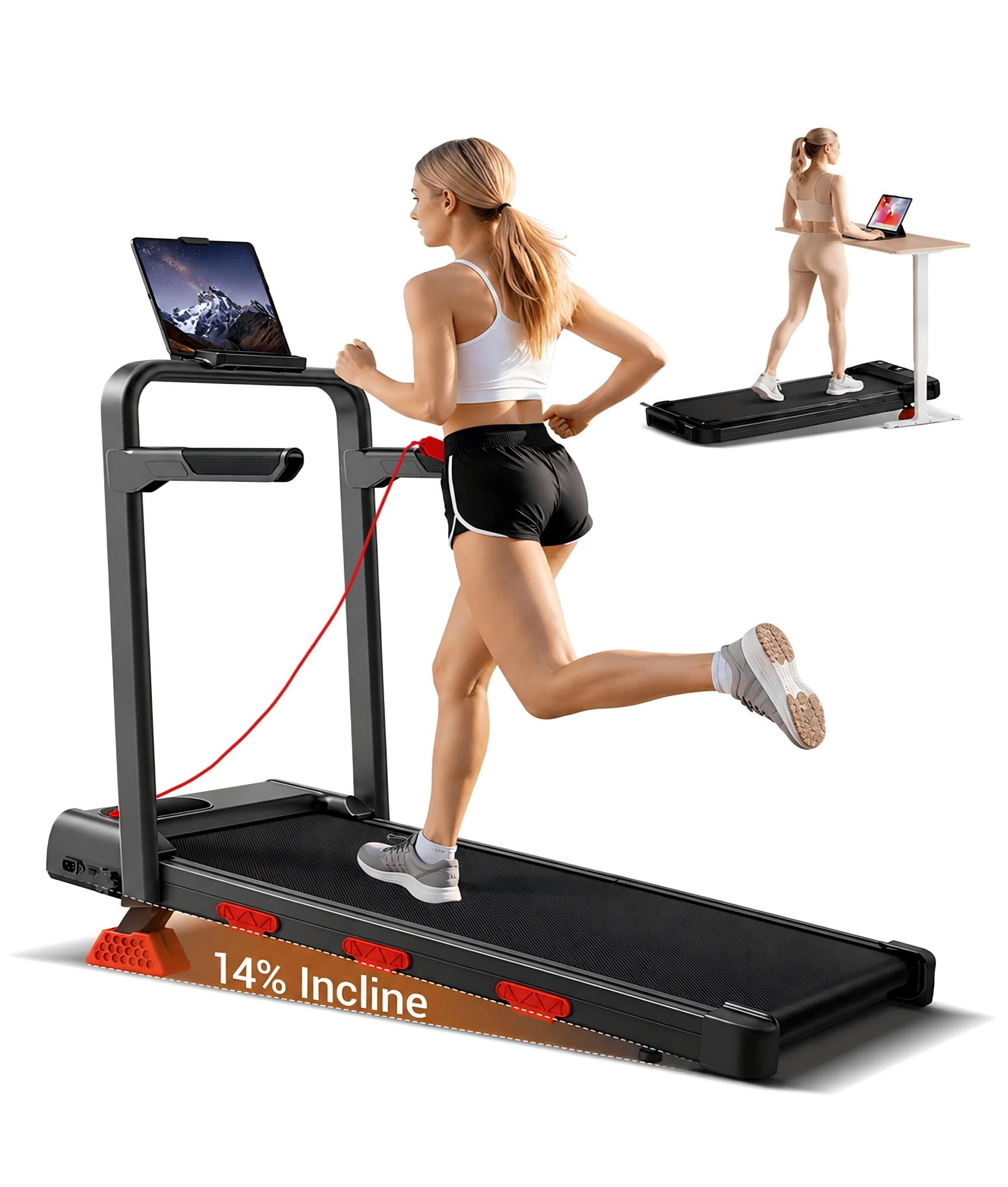 14% Incline Walking Pad with Safety Key, 10KM/H Treadmill, 159KG, <45dB