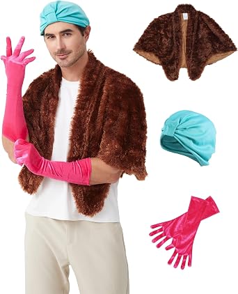 3Pcs Christmas Costume Outfit Green Turban Hat Faux Fur Wrap & Pink Gloves for Adults Cosplay Party