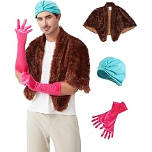 3Pcs Christmas Costume Outfit Green Turban Hat Faux Fur Wrap & Pink Gloves for Adults Cosplay Party