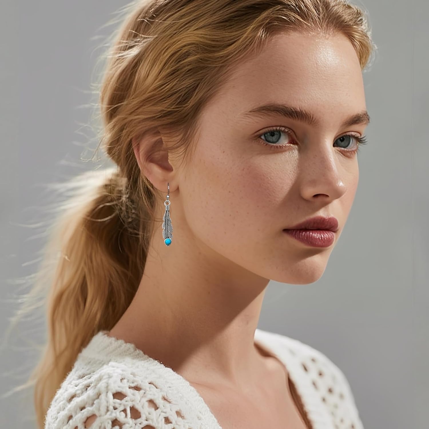 Bohemian Silver Feather Dangle Earrings for Women, Hypoallergenic Silver Turquoise Drop Dangle Earrings with Western Boho Jewelry - Image 4