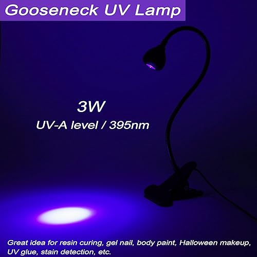 Miniatura 4 de GREENIC Lámpara UV de cuello de cisne para uñas, 3W 395nm-405nm, pequeña luz negra USB mejorada, DC 5V Mini luz de curado UV con abrazadera para