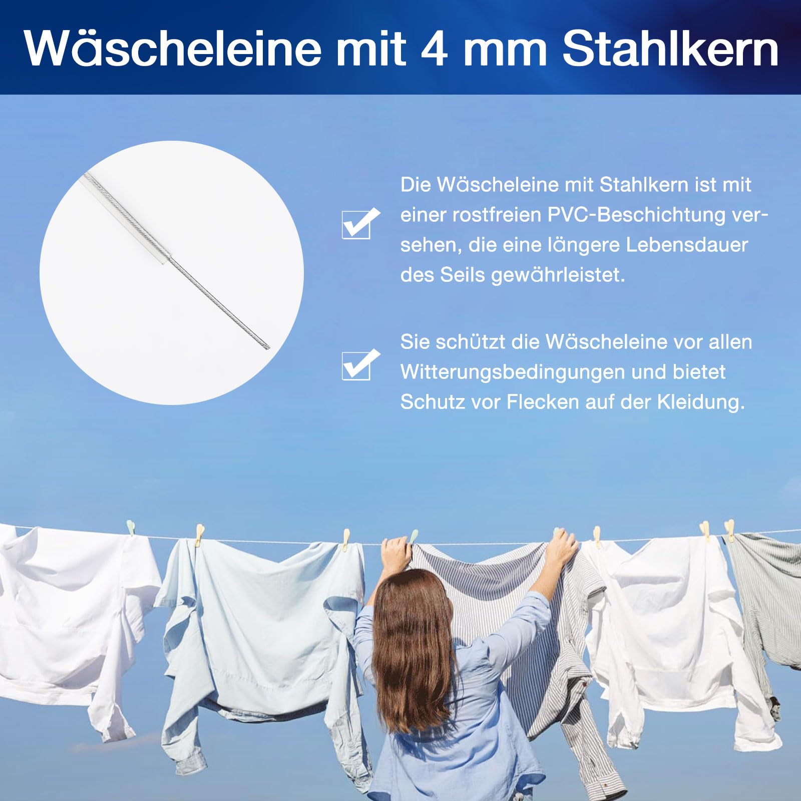 Corde à Linge Avec Noyau En Acier 4mm - Extra Solide 120kg - Résistante Rouille Pour Extérieur (Vert)