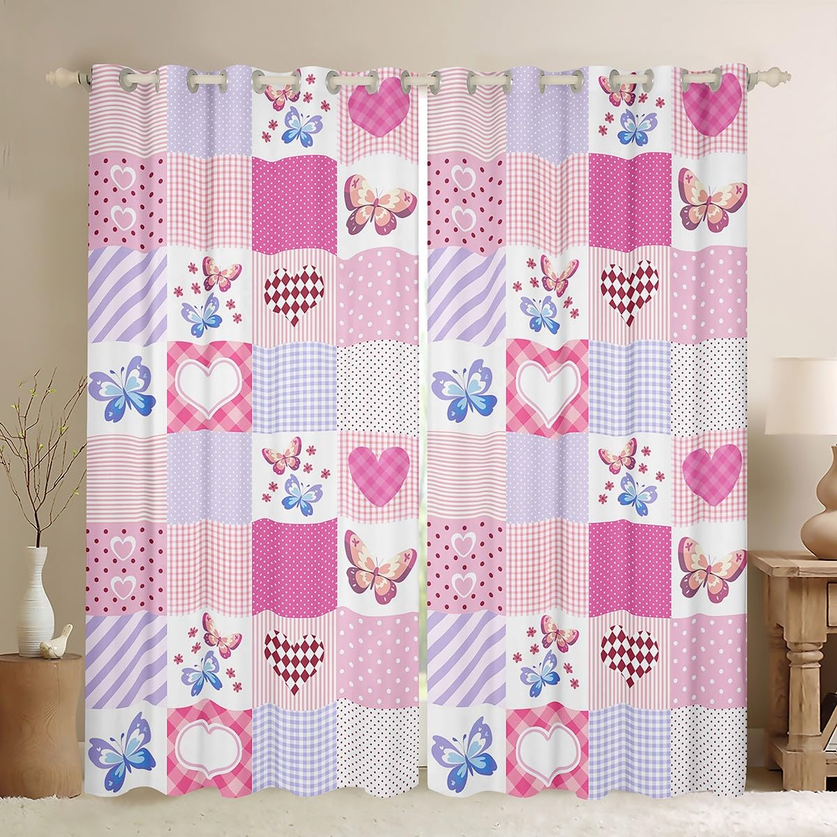 Cute Pink Blackout Curtains for Girls, Love Heart Pattern Curtains for Bedroom, Cartoon Butterflies Window Curtains & Drapes, Princess Style Geometric Plaid Window Treatments, 46x54 2 Panels