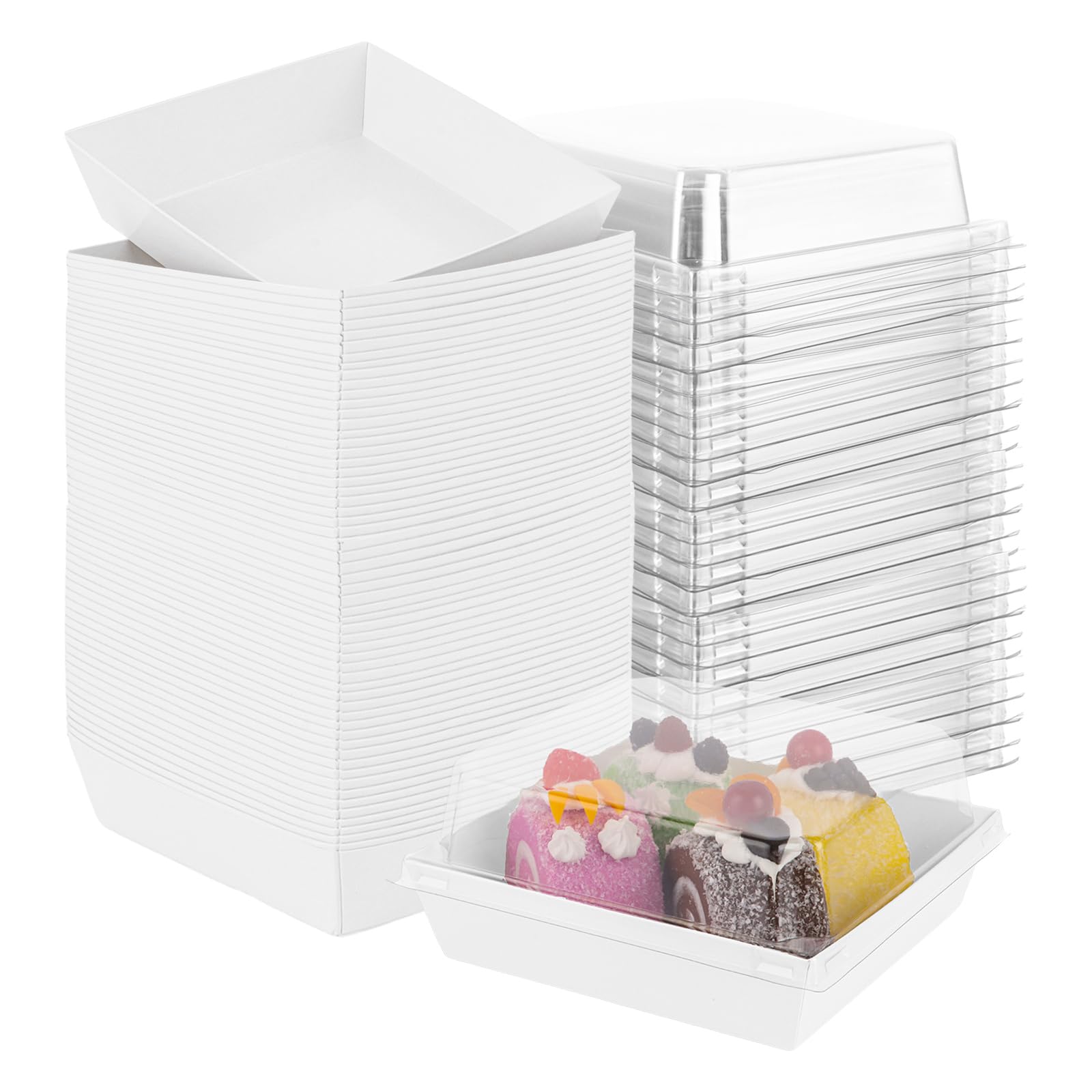 75 cajas para rebanadas de pastel con tapas transparentes, cajas para cupcakes, cajas de postre de papel a prueba de aceite, caja cuadrada blanca para postres de panadería, recipientes de