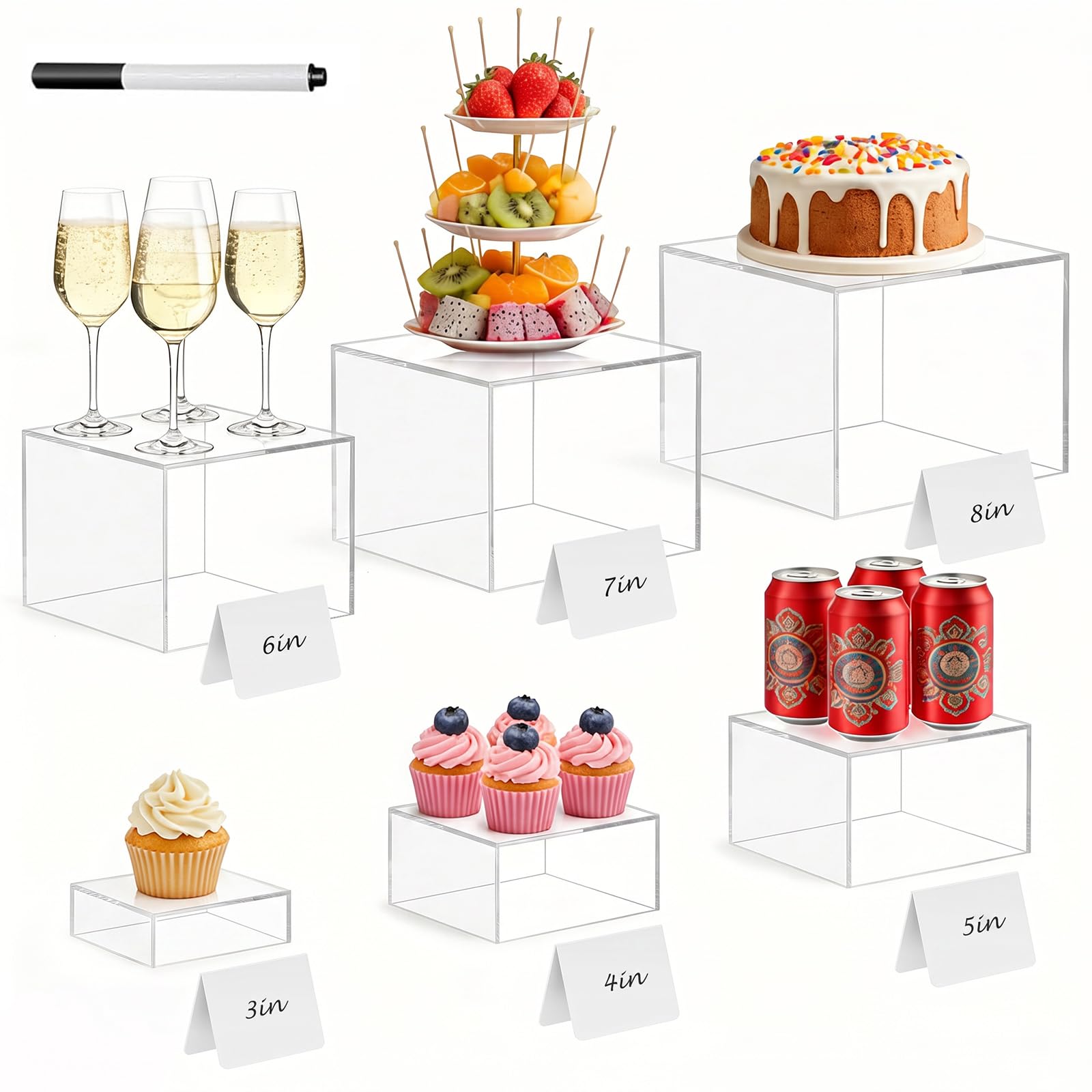 6 Pcs Buffet Risers - White Acrylic Food Risers for Buffet Table, 3x4x5x6x7x8Inch Display Stand Shelf Cube Dessert Stand Food Display Riser Box for Party Catering Collectibles Weddings Cupcake (Clear)