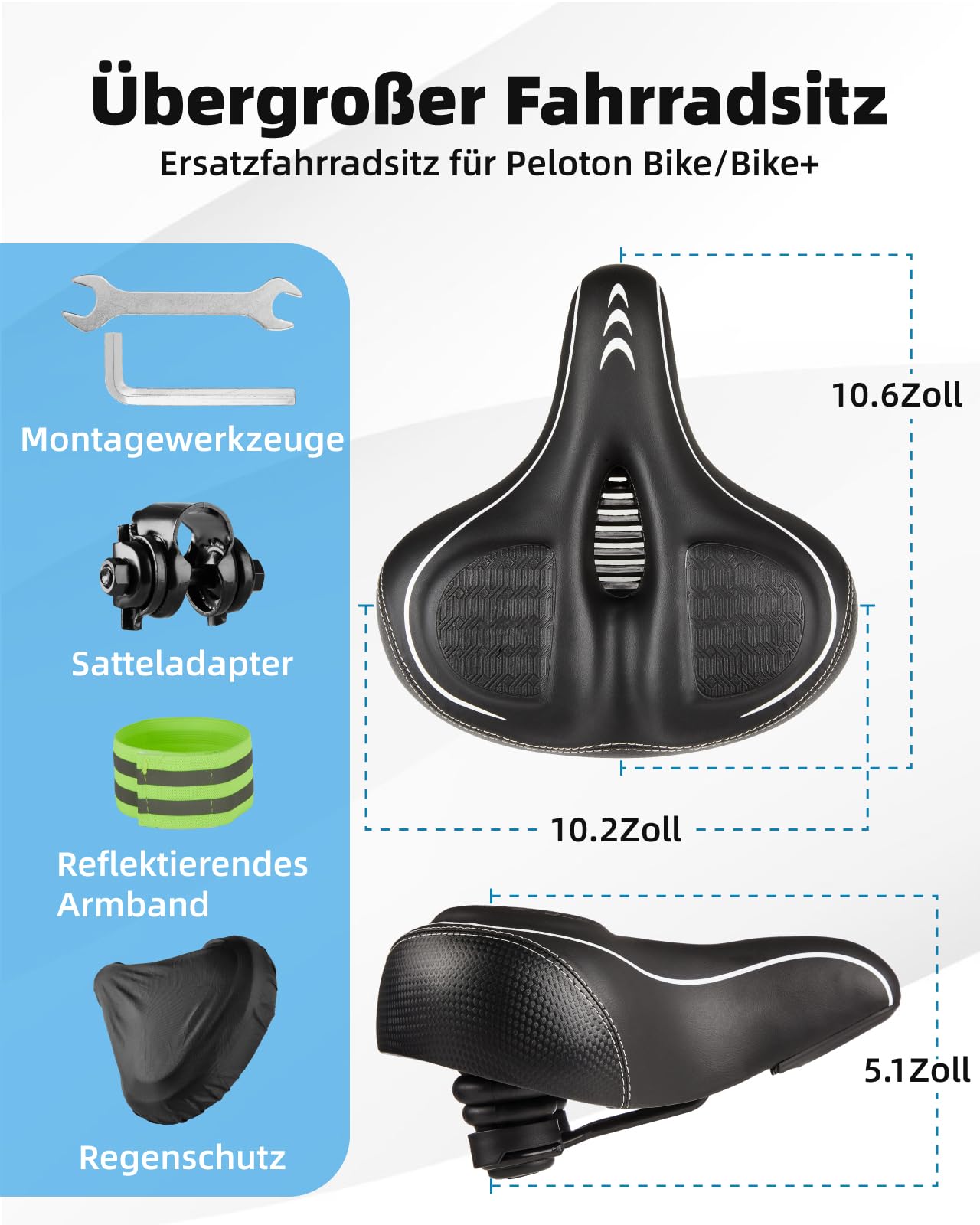 Fitense übergroßer Fahrradsitz, Bequemer Fahrradsitz, Fahrradsattel mit doppelter Stoßdämpfungskugel, Memory Foam, Montageschlüssel, für Peloton Bike & Bike+, Mountainbikes, für Männer und Frauen