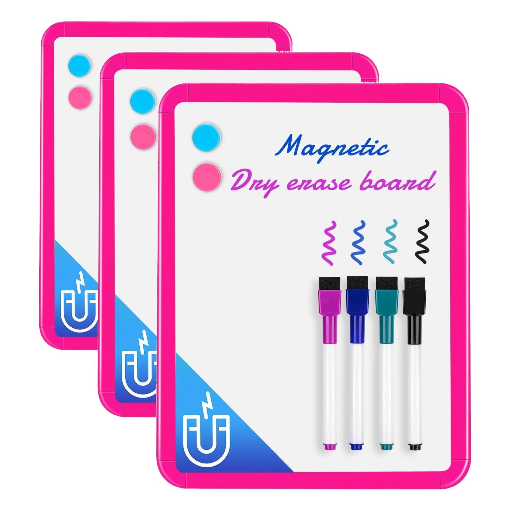 VUSIGN Small White Board Dry Erase, 8.5'' x 11'' Magnetic Dry Erase Board, Mini Whiteboard with Markers for Students, Fridge, Wall, Locker, Dark Pink (Pack of 3)