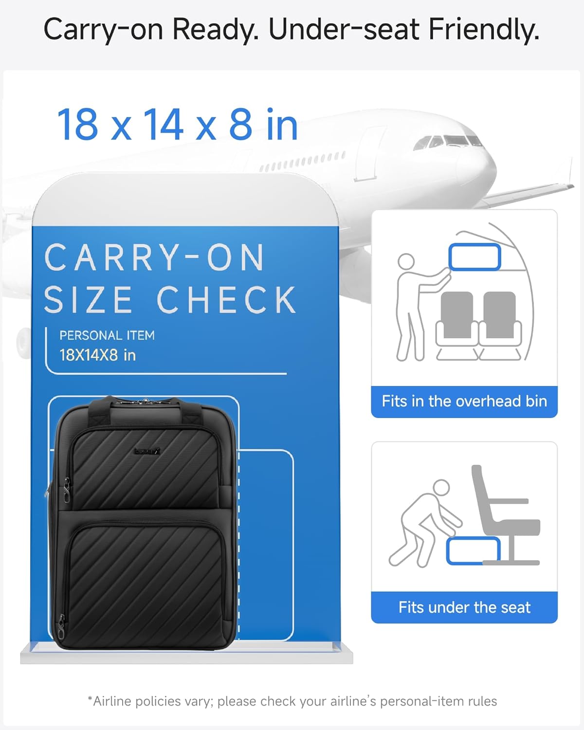 LUGGEX Underseat Carry On Luggage with Wheels, UDK-Plus Large-Capacity Lightweight Soft Sided Personal Item Suitcase for Short Trips (UX-Plus, Black, 16 Inch) - Image 2