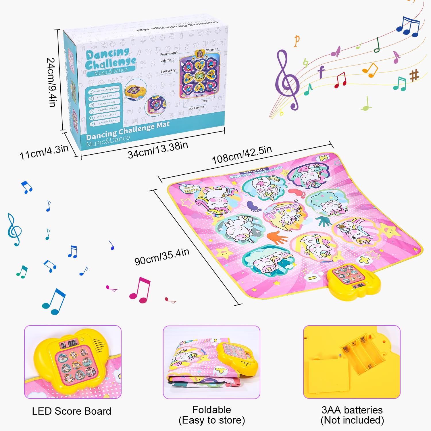 Tappeto da ballo per bambini dai 3 ai 12+ anni, giocattolo tappeto da ballo unicorno con display a LED, 5 modalità di gioco, ballo di tappeto musicale regalo ragazza 3 4 5 6 7 8 9 10 11 12 anni