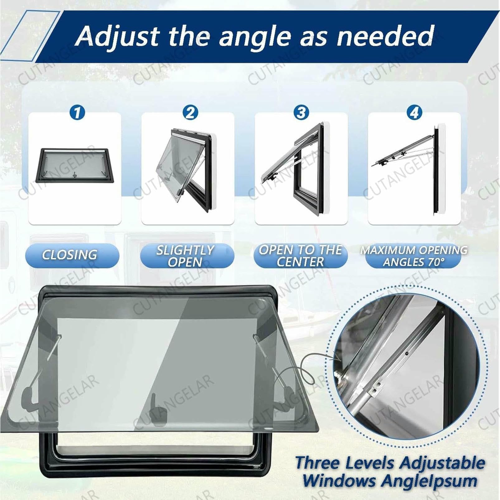 Finestra per camper, in alluminio leggero, doppio acrilico con protezione UV, parasole e schermo integrati, apertura a 70° per rimorchi e camper