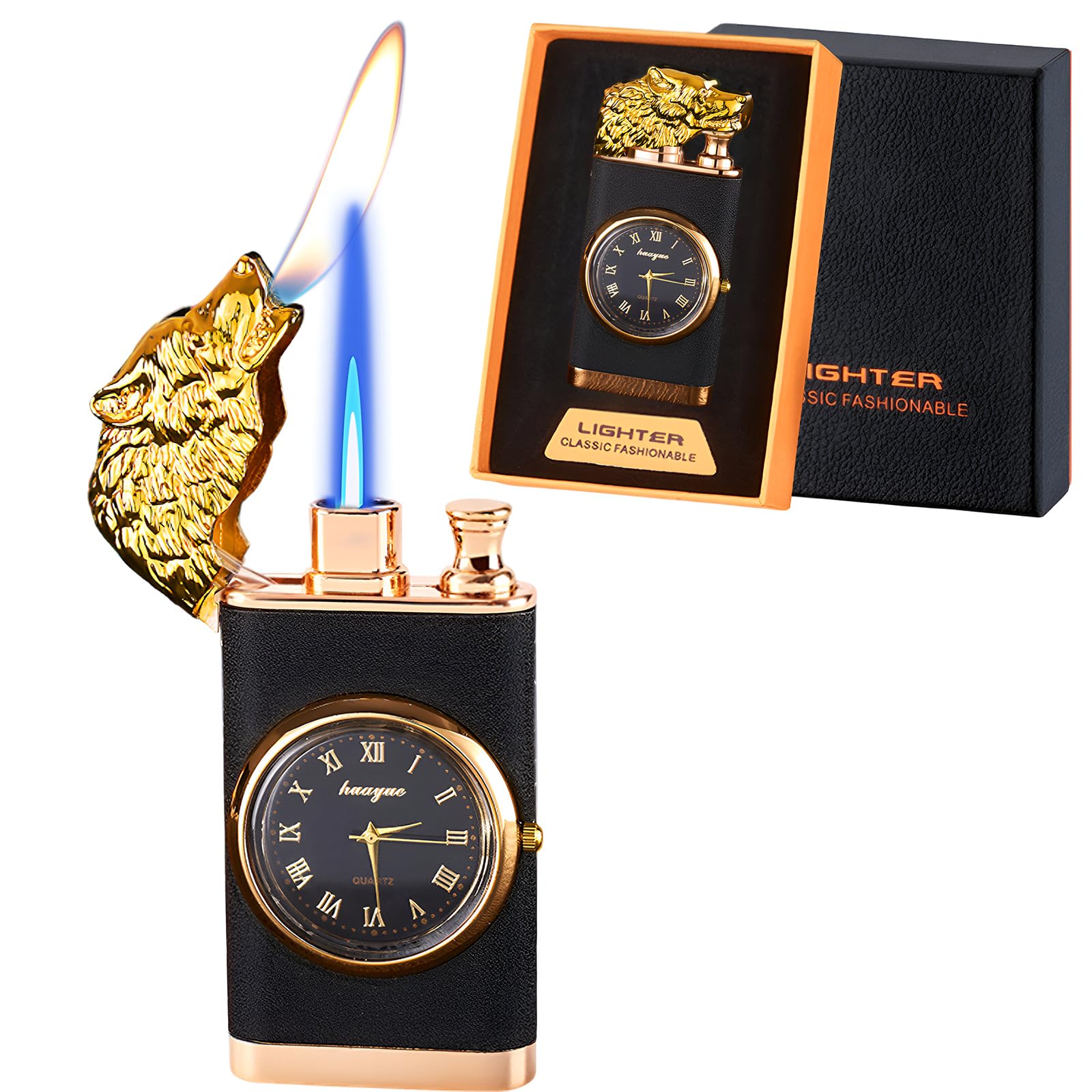 XQBBIDM Torch Lighter, Dual Flame Wolf Lighter with Quartz Watch, Windproof, Adjustable Flame, Butane Refillable, Black, Zinc Alloy, Artistic-picture-34