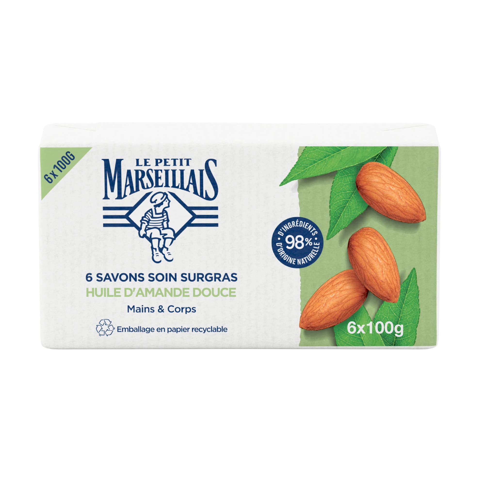 Le Petit Marseillais | Olejek ze słodkich migdałów (6 chlebów po 100 g) - Solidne mydło do rąk i ciała z 98% naturalnych składników - papierowe opakowanie nadające się do recyklingu