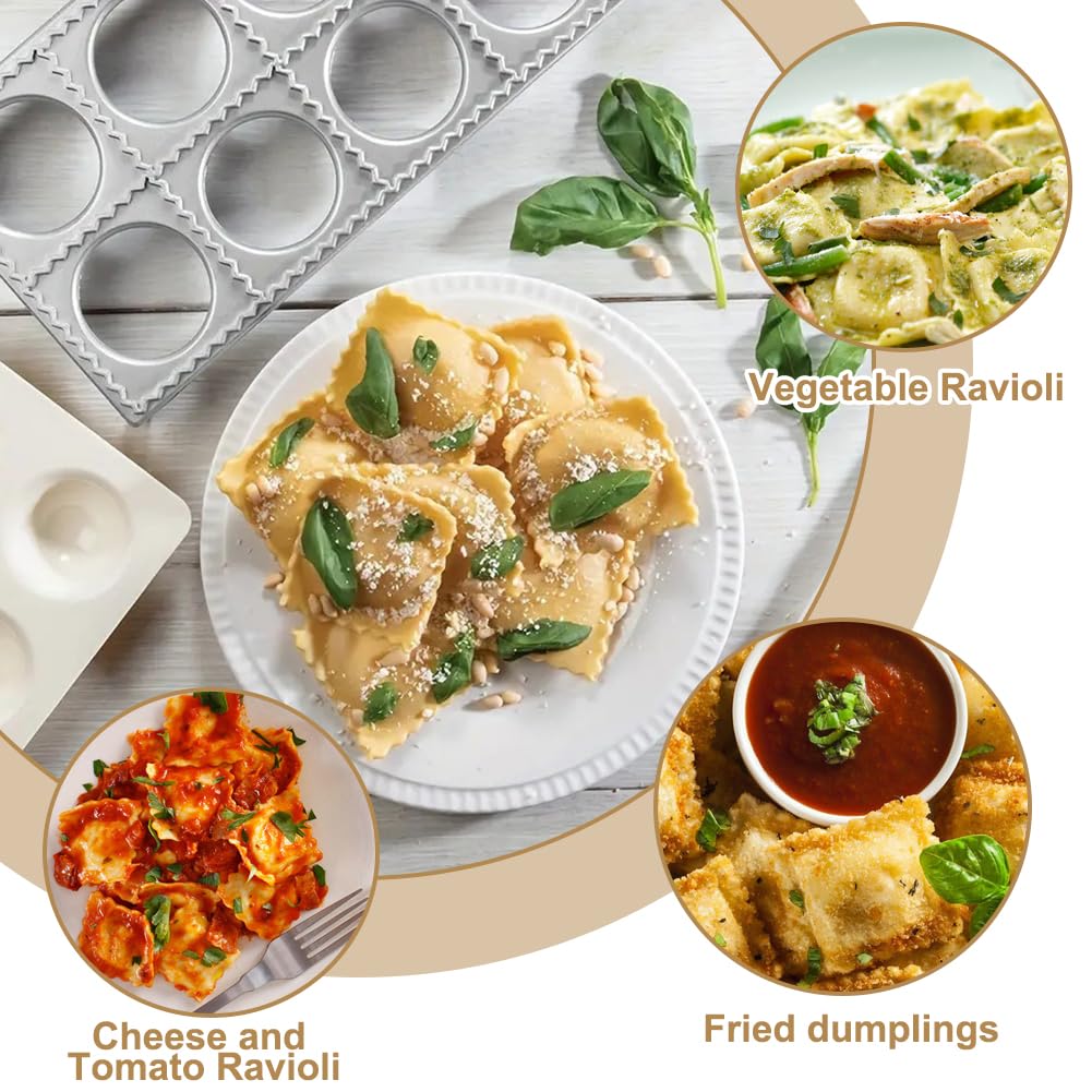 Set 5 Pezzi per Ravioli, Stampo per 12 Pezzi, con Mattarello in Legno, Tagliapasta, Spatola e Stampo in Alluminio Antiaderente per Pasta Fresca, Gyoza, Pelmeni, Ravioli e Fagottini
