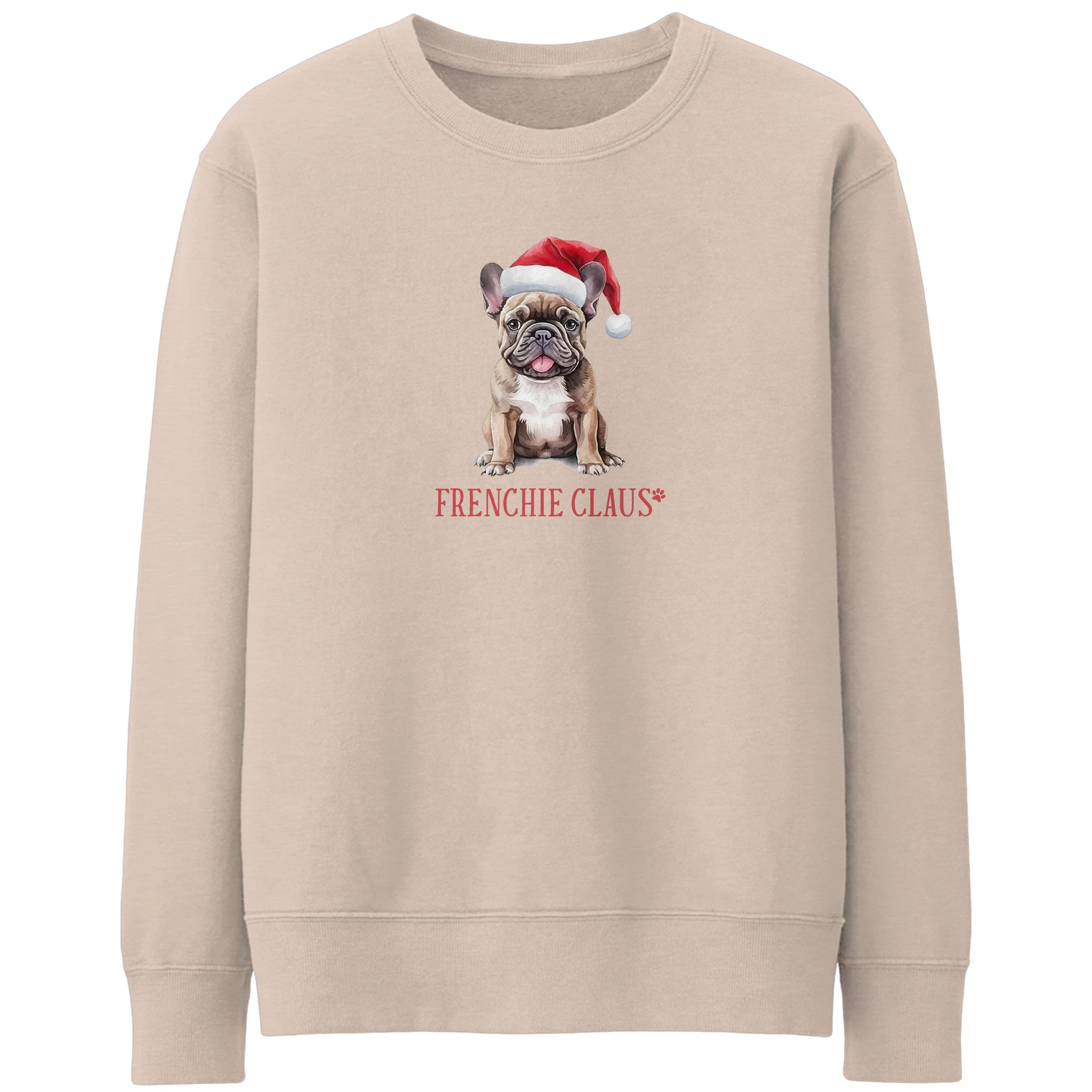 Purple Print House Frenchie Claus Christmas Dog Puns Sweatshirt For Women Cheer- Huahua Xmas Festive Jumper, L, Natural Stone
