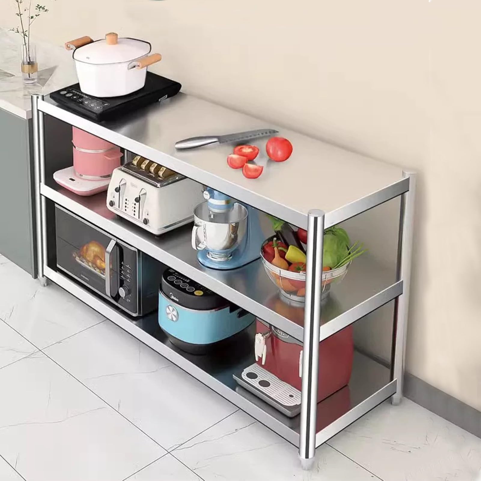 Scaffale in metallo a 3 ripiani, in acciaio inox, per cucina, forno a microonde, versatile, per bagno, lavanderia (100 x 30 x 80 cm)