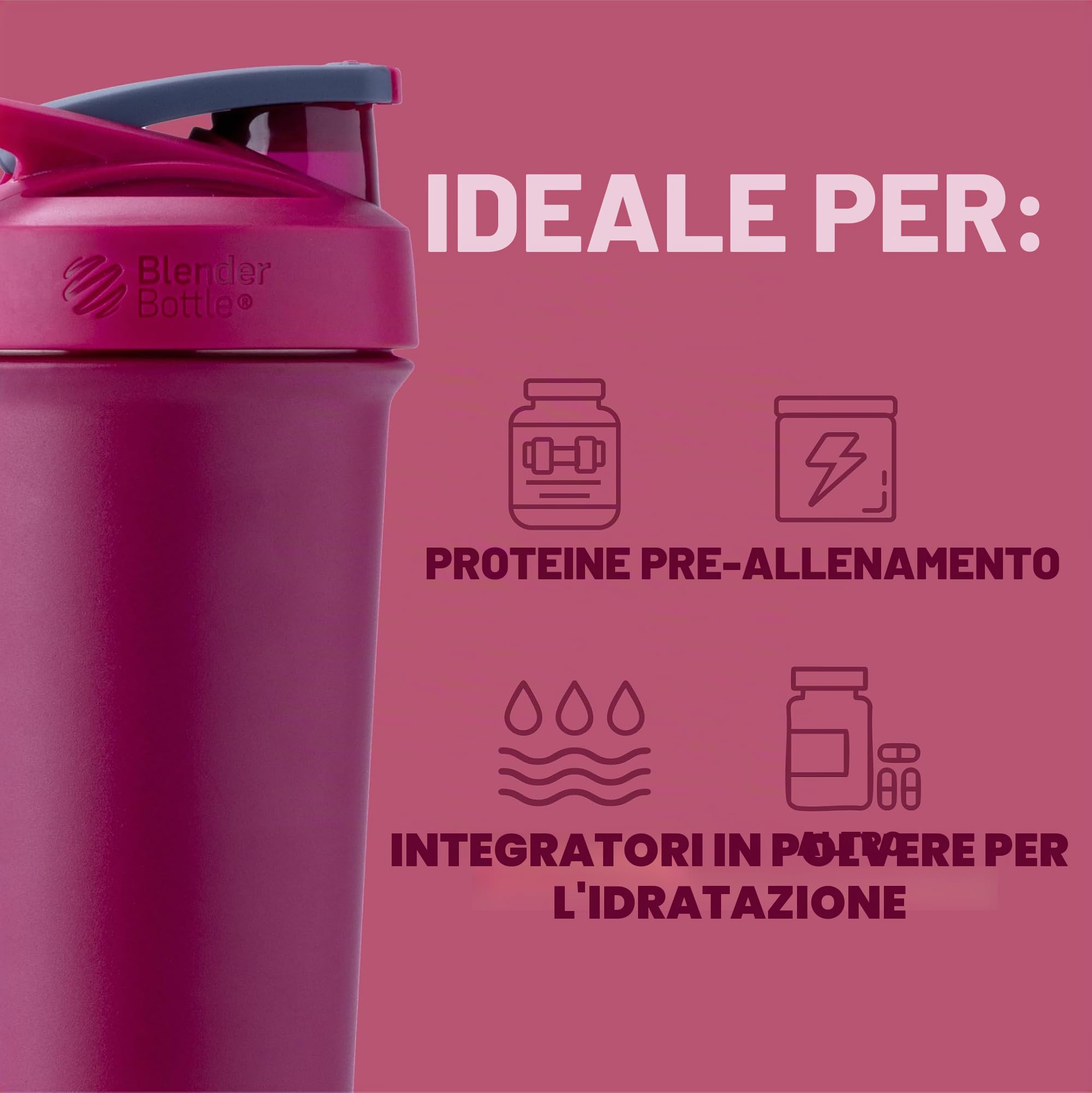 BlenderBottle Strada Sleek Shaker Cup - Borraccia termica in acciaio inox con frusta metallica, 740 ml, colore: lampone