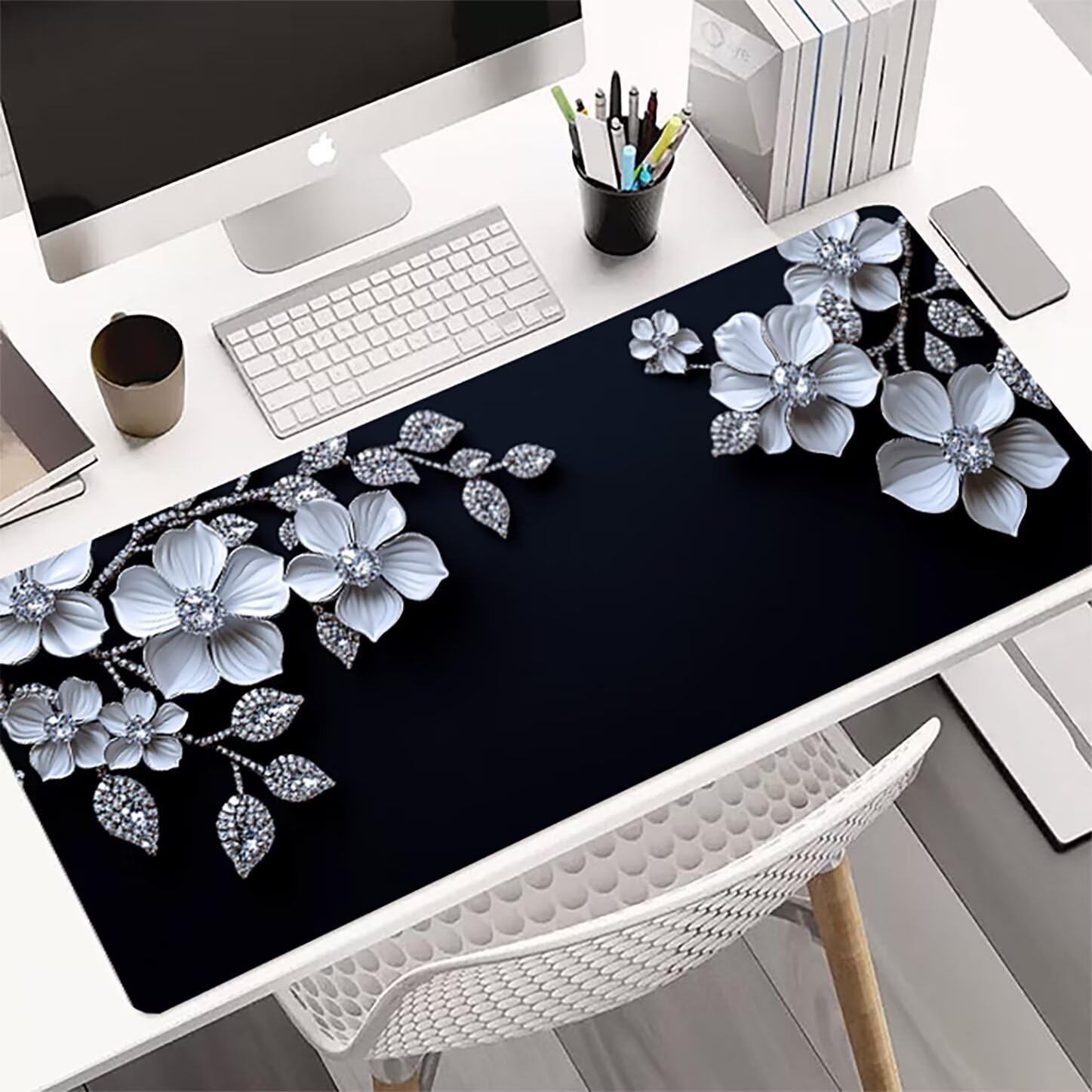 Lpfieonn Blume Großes Schreibtischunterlage, XXL Schreibtischunterlagen, Anlage XXL Wasserdicht Gaming Mousepad mit Vernähter Rand und Rutschfeste Gummibasis, für Laptop/Hause/Büro 120x60cm PF-1593