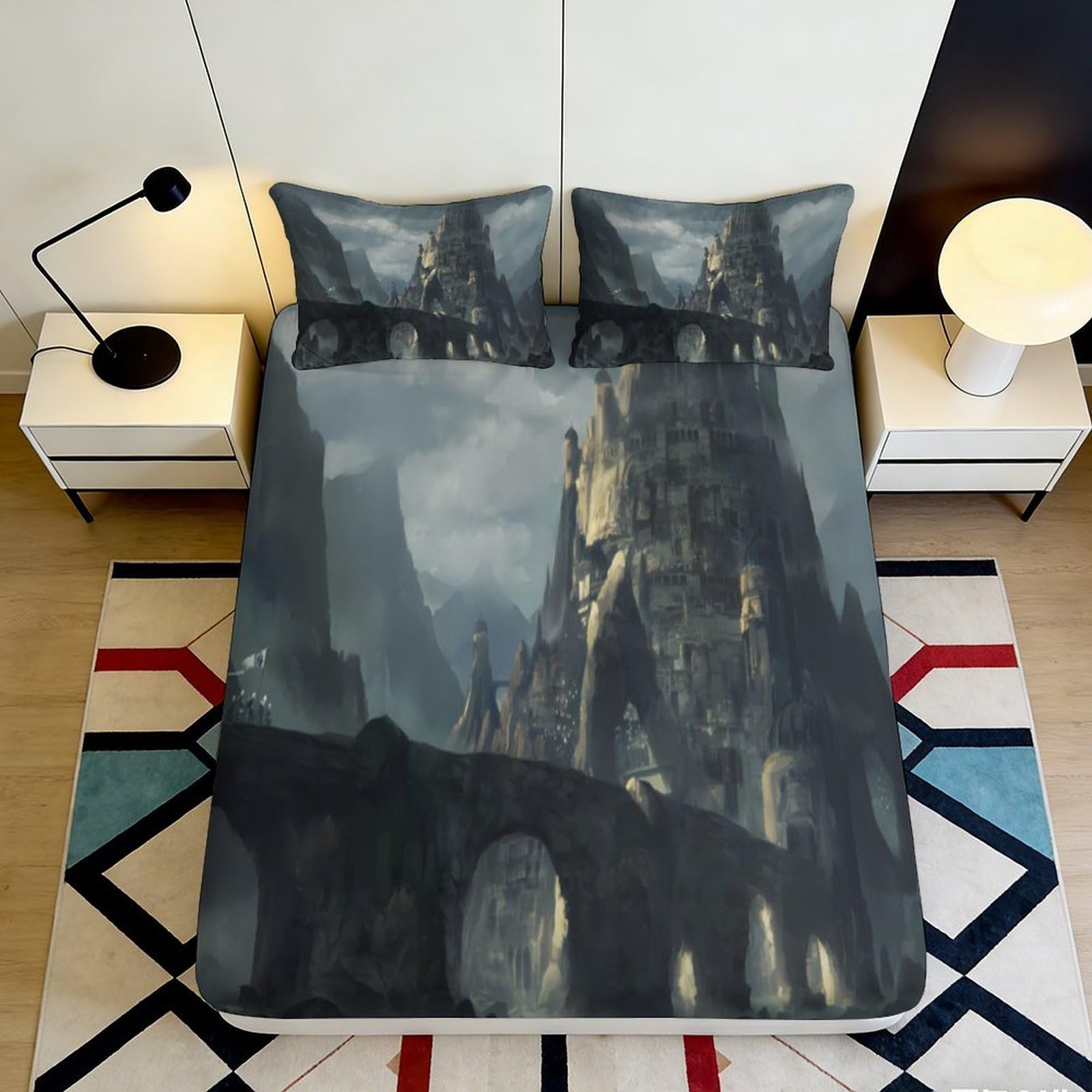 3D Printed Castle Fitted Sheet Microfiber Deep Pocket Non-Slip Castle Mattress Fitted Cover Bedroom Bedding for Adults Teens 200x200x25cm 90x200x25cm