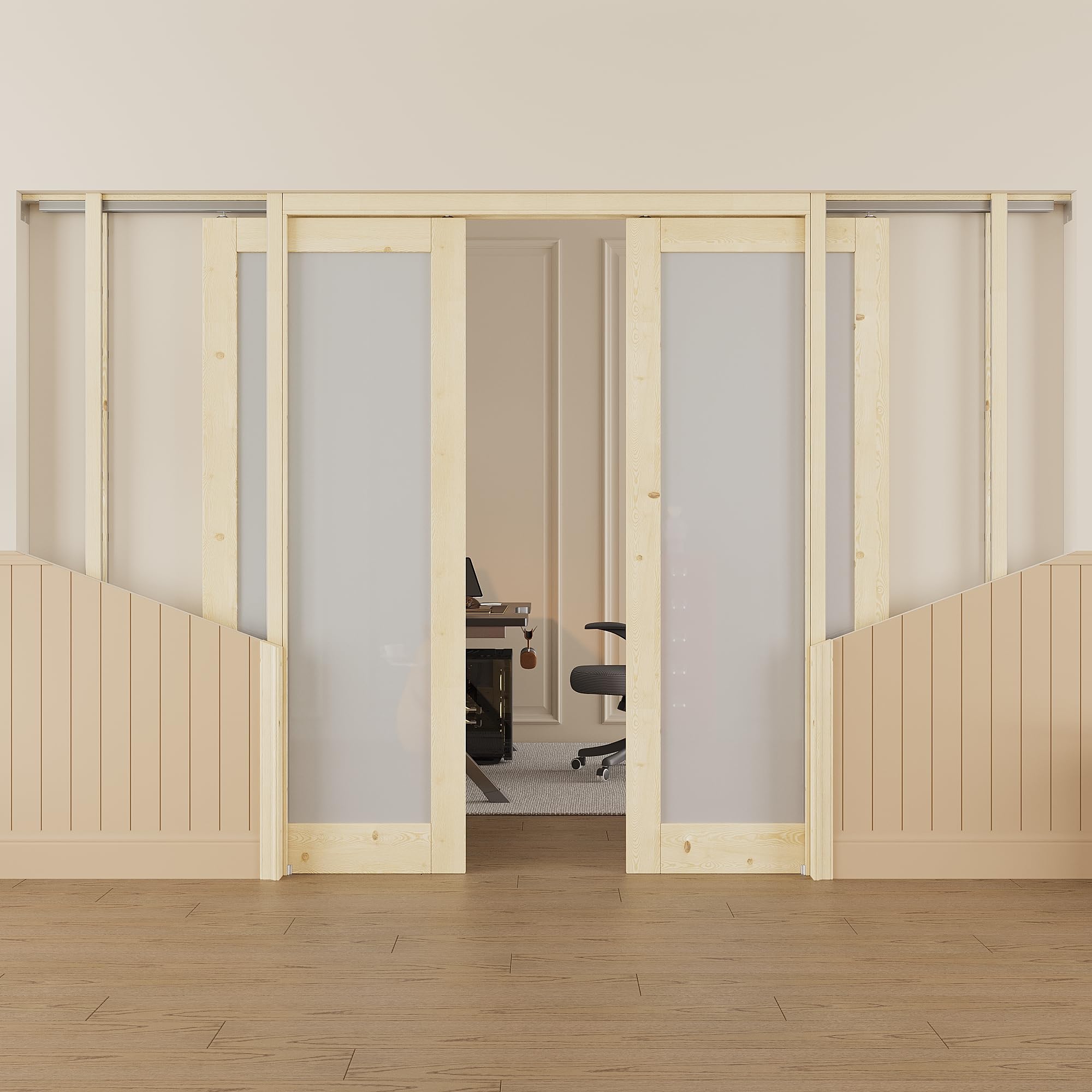 64x80 Sliding Double Pocket Door,1 Lite Frosted Glass Doors,French Door