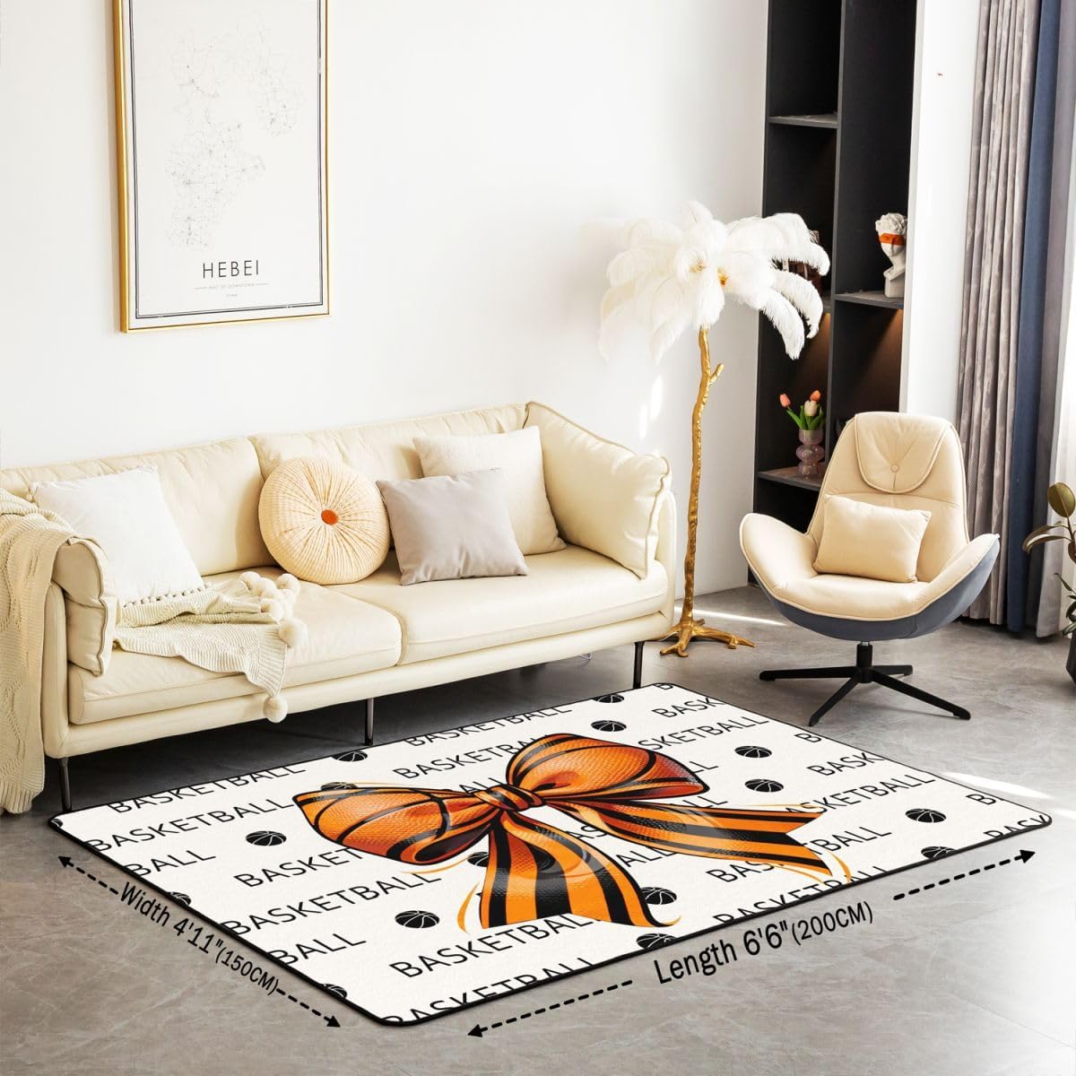 Castle Fairy Basketball Bowknot Area Rug 3'x5'x0.39'' for Bedside,Cartoob Ball Letter Pattern Home Mat for Playroom Office,Boys Teens Sport Lover Indoor Floor Area Rugs Washable Rug